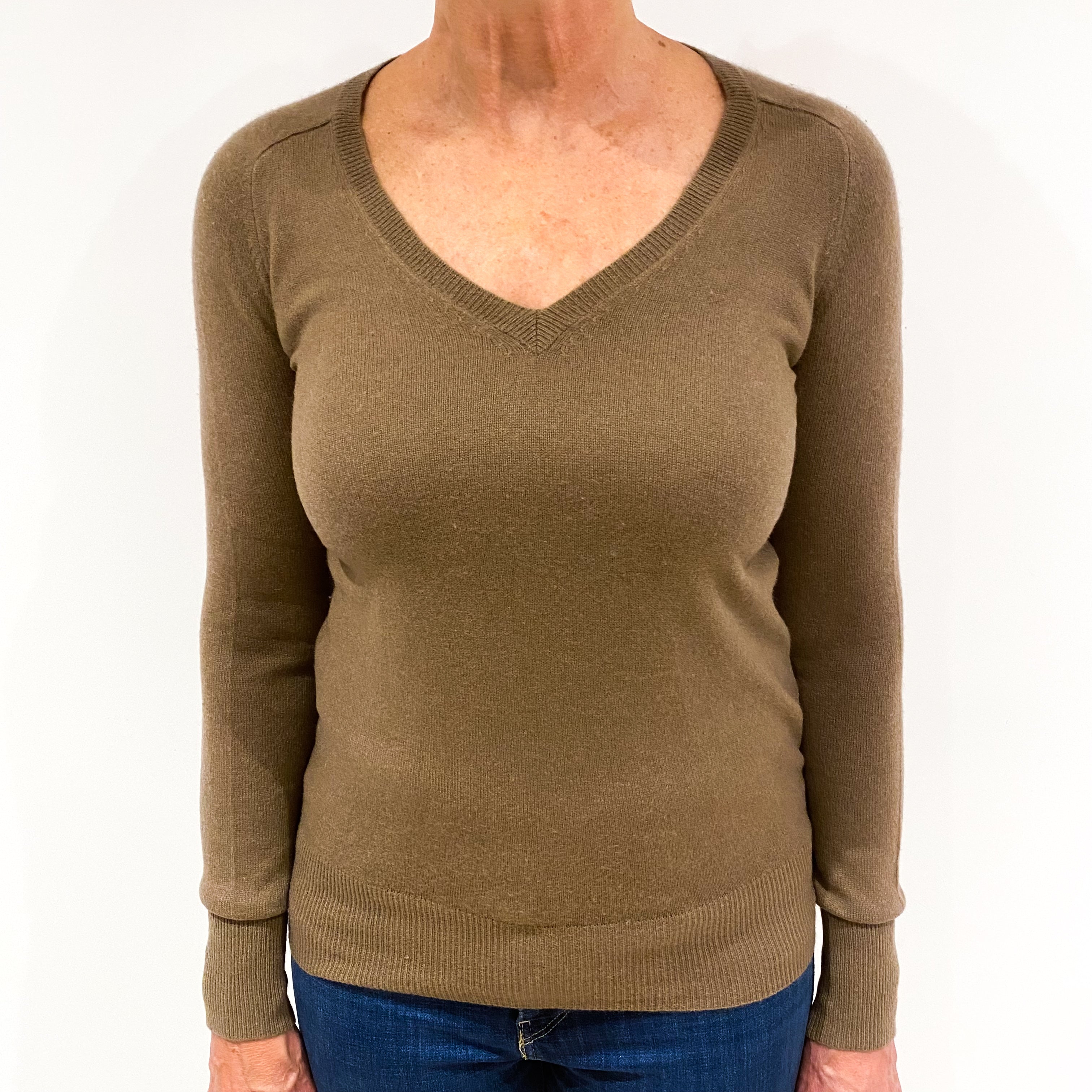 Caramel Brown Cashmere V-Neck Jumper Medium