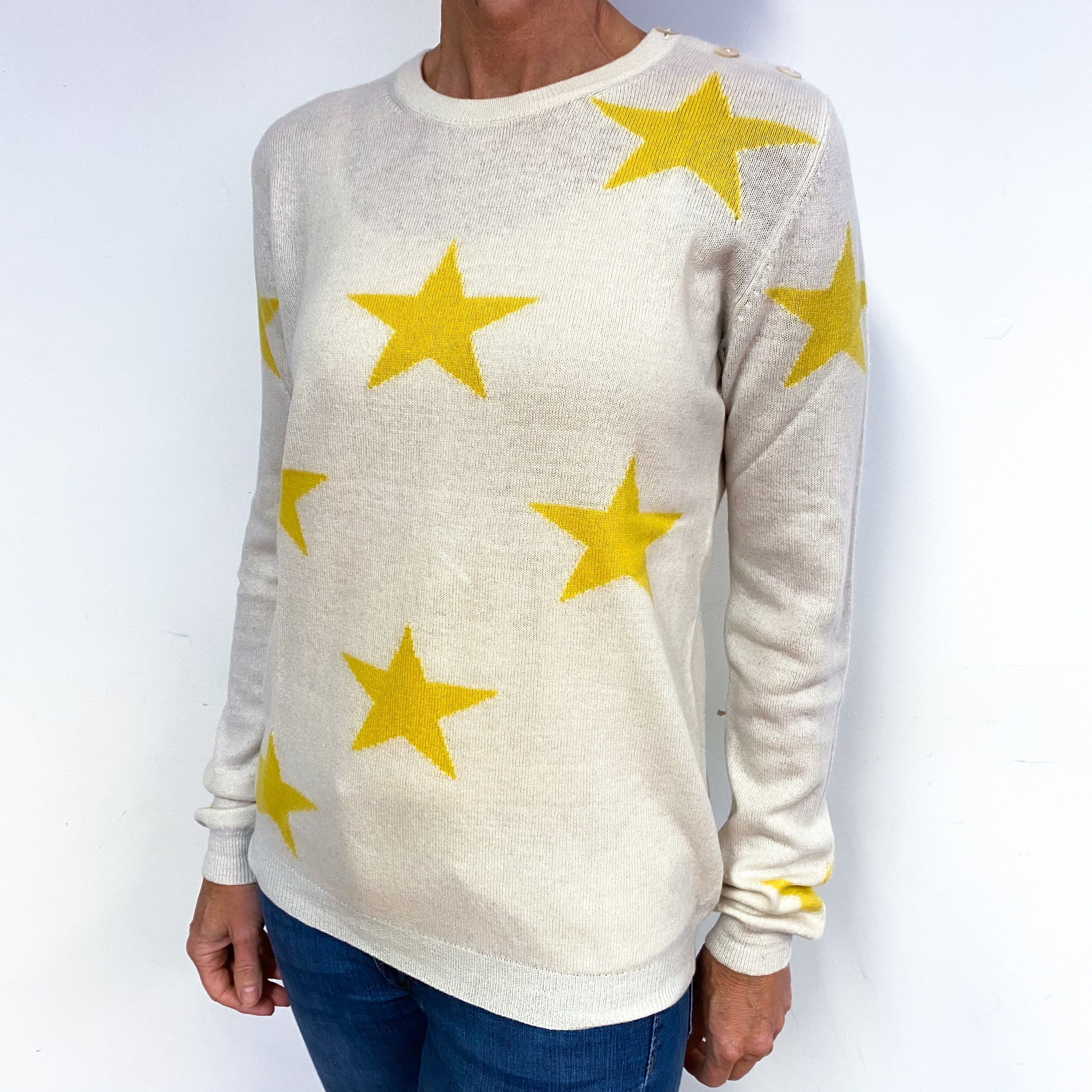 Cream with Yellow Stars Cashmere Crew Neck Jumper Medium