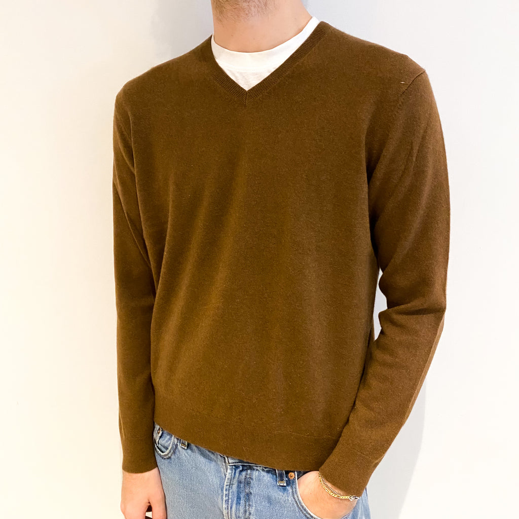 Men's Chestnut Brown Cashmere V Neck Jumper Large