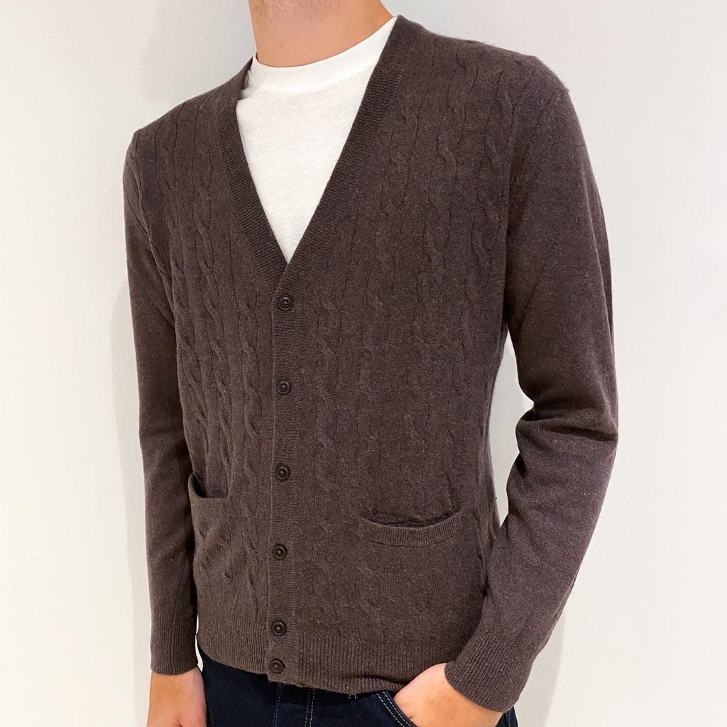 Men's Mole Brown Cable Front Cashmere V-Neck Cardigan Medium