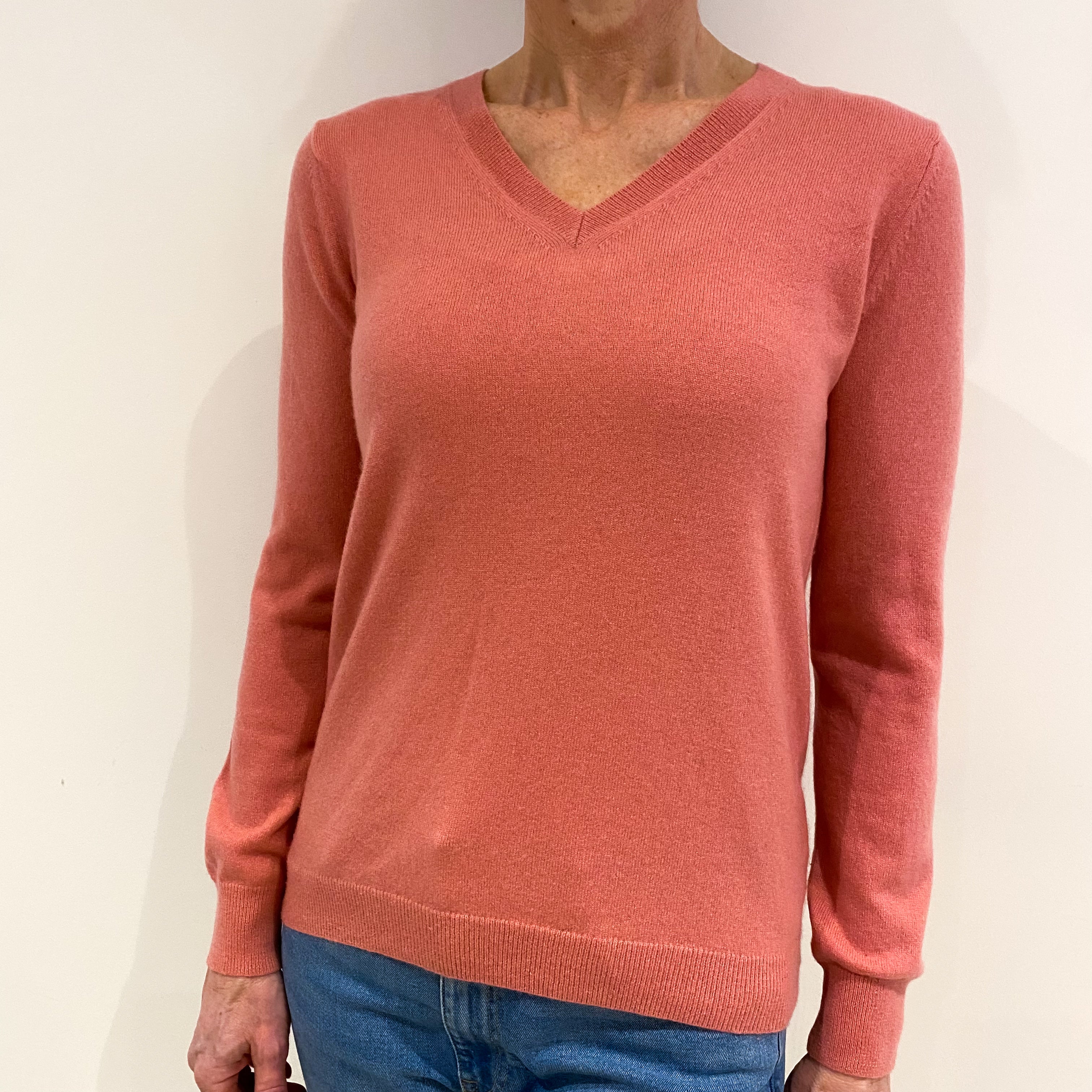 Salmon Pink Cashmere V Neck Jumper Small