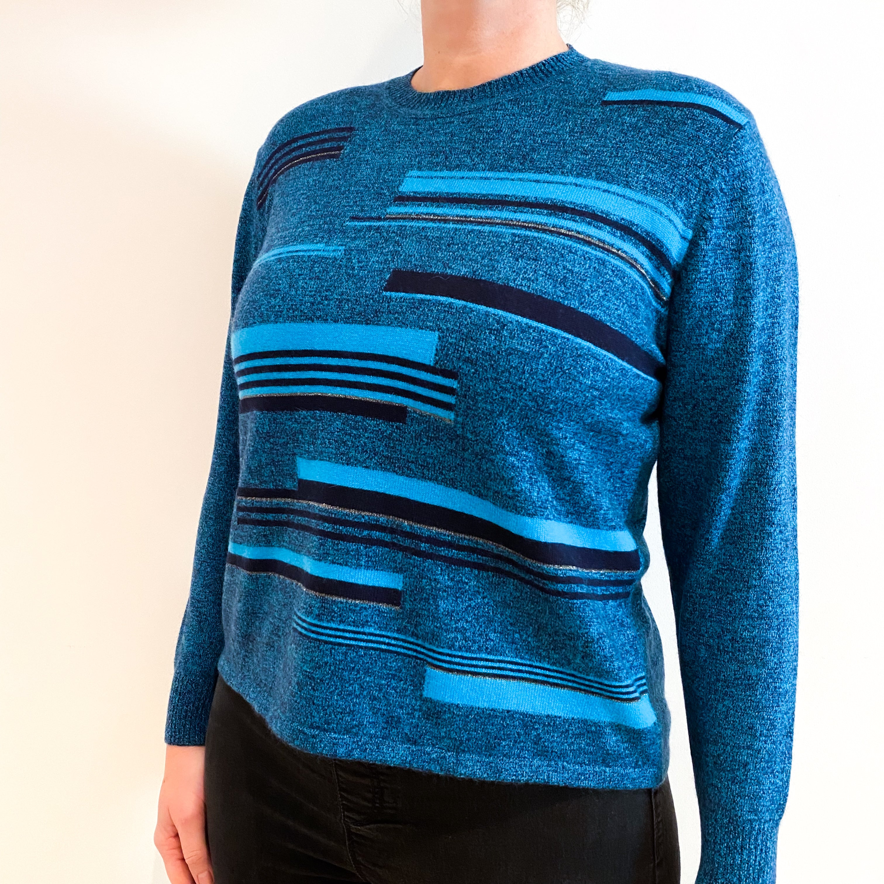 Turquoise and Navy Patterned Cashmere Crew Neck Jumper Large