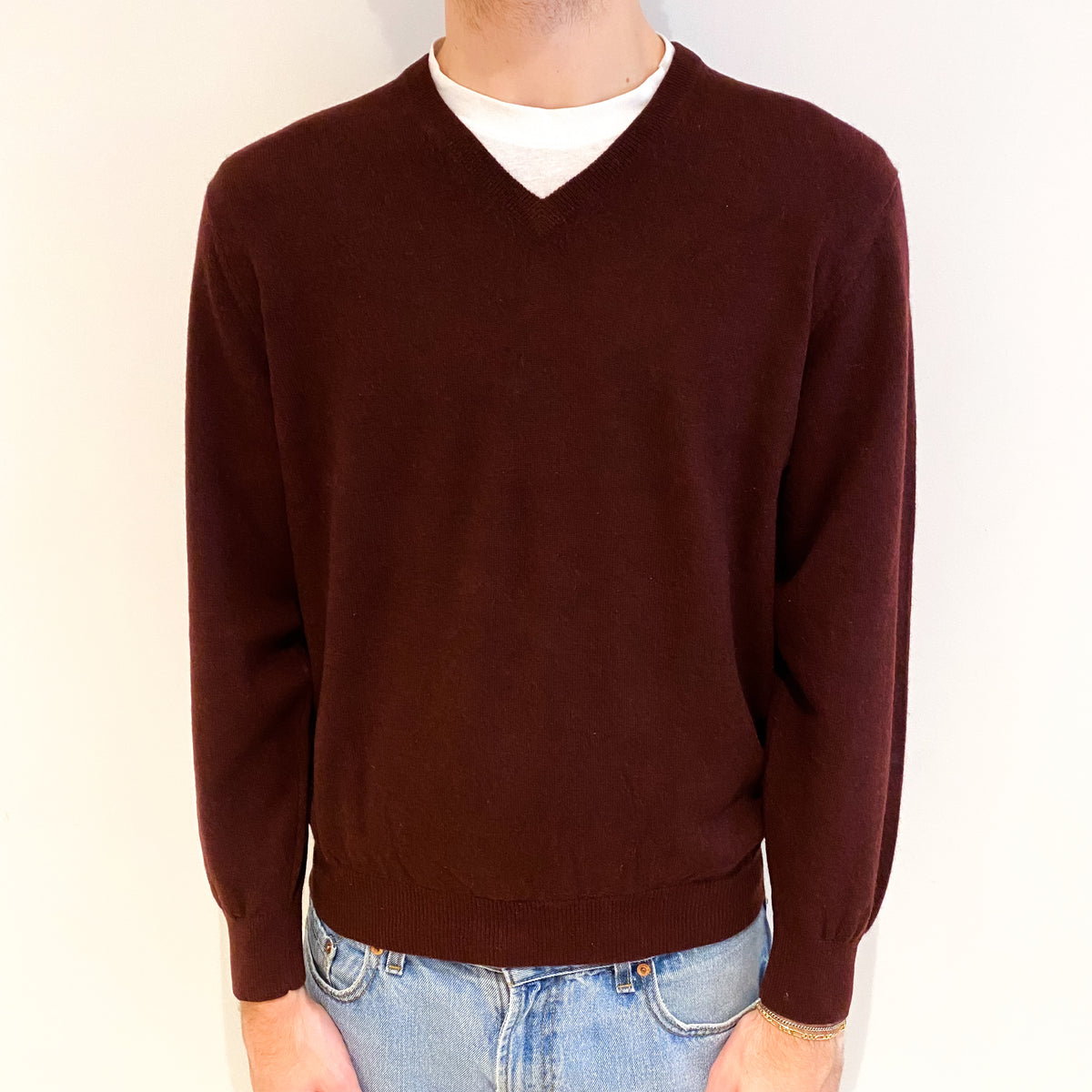 Men's Deep Burgundy Red Cashmere V Neck Jumper Large