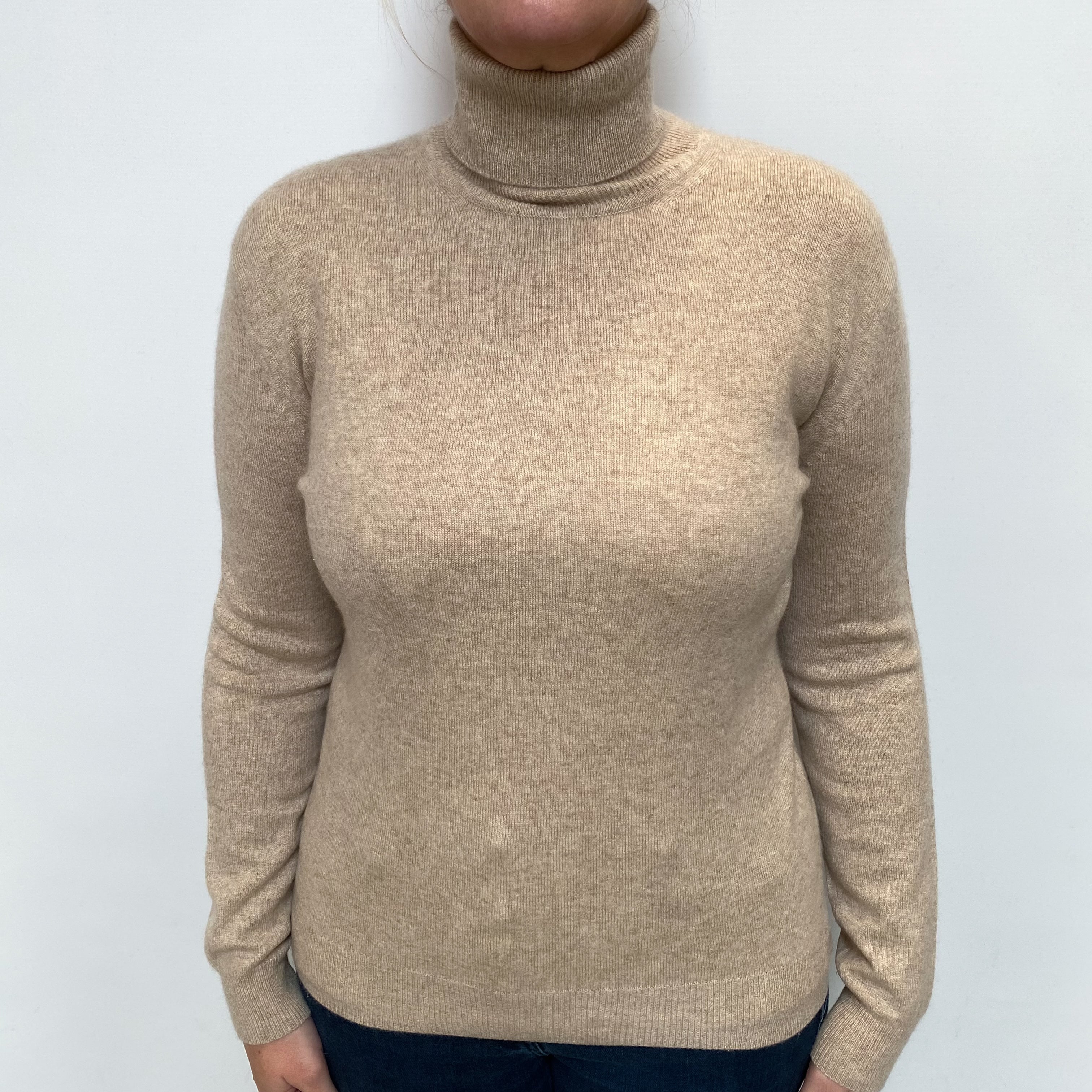 Sand Beige Cashmere Polo Neck Jumper Large