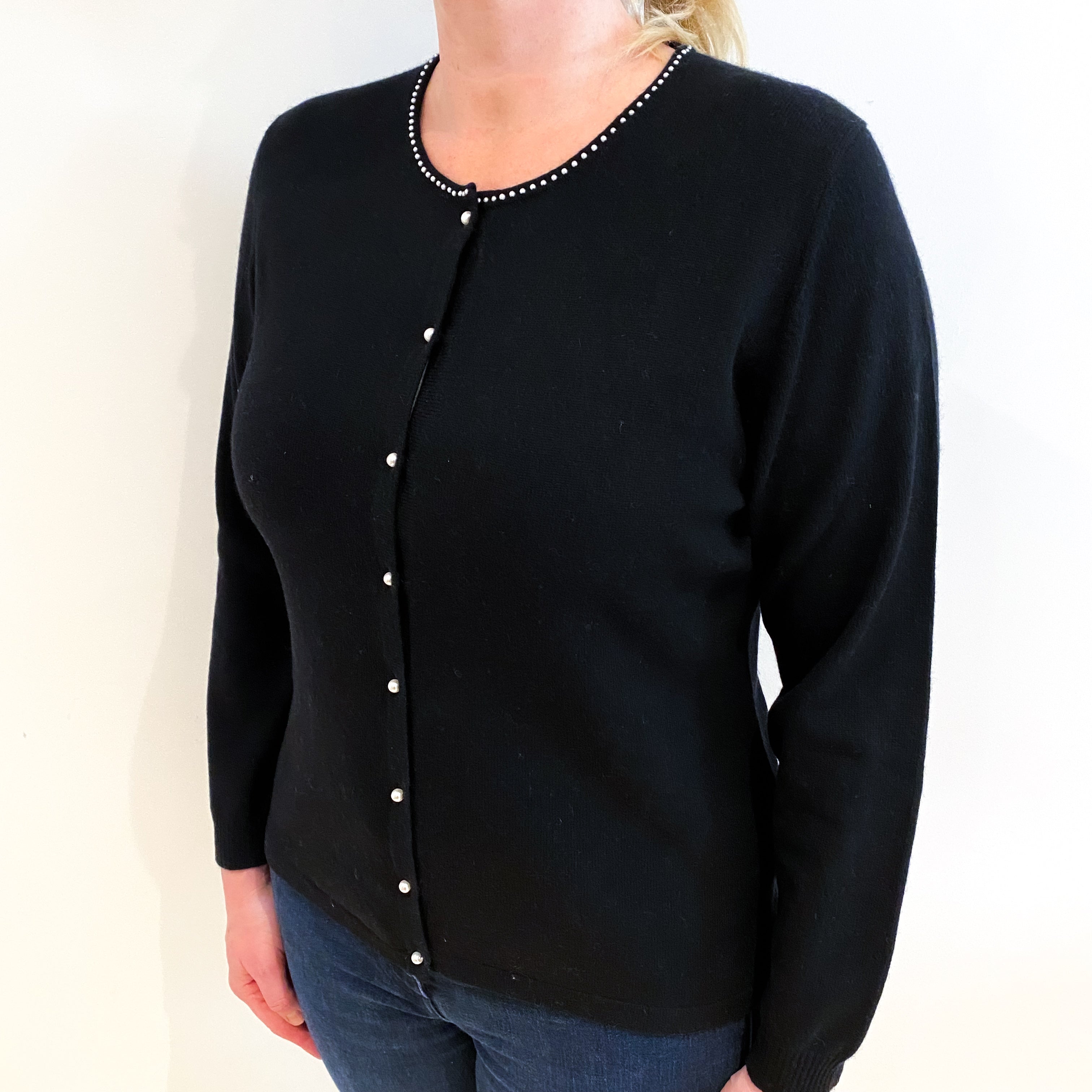 Black Pearl Detail Cashmere Crew Neck Cardigan Large