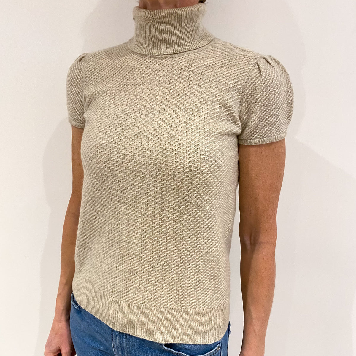 Oatmeal Beige Textured Cashmere Short Sleeve Polo Neck Jumper Small