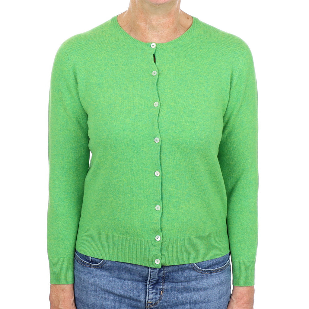 Scottish Neon Green Marl Cashmere Crew Neck Cardigan Medium