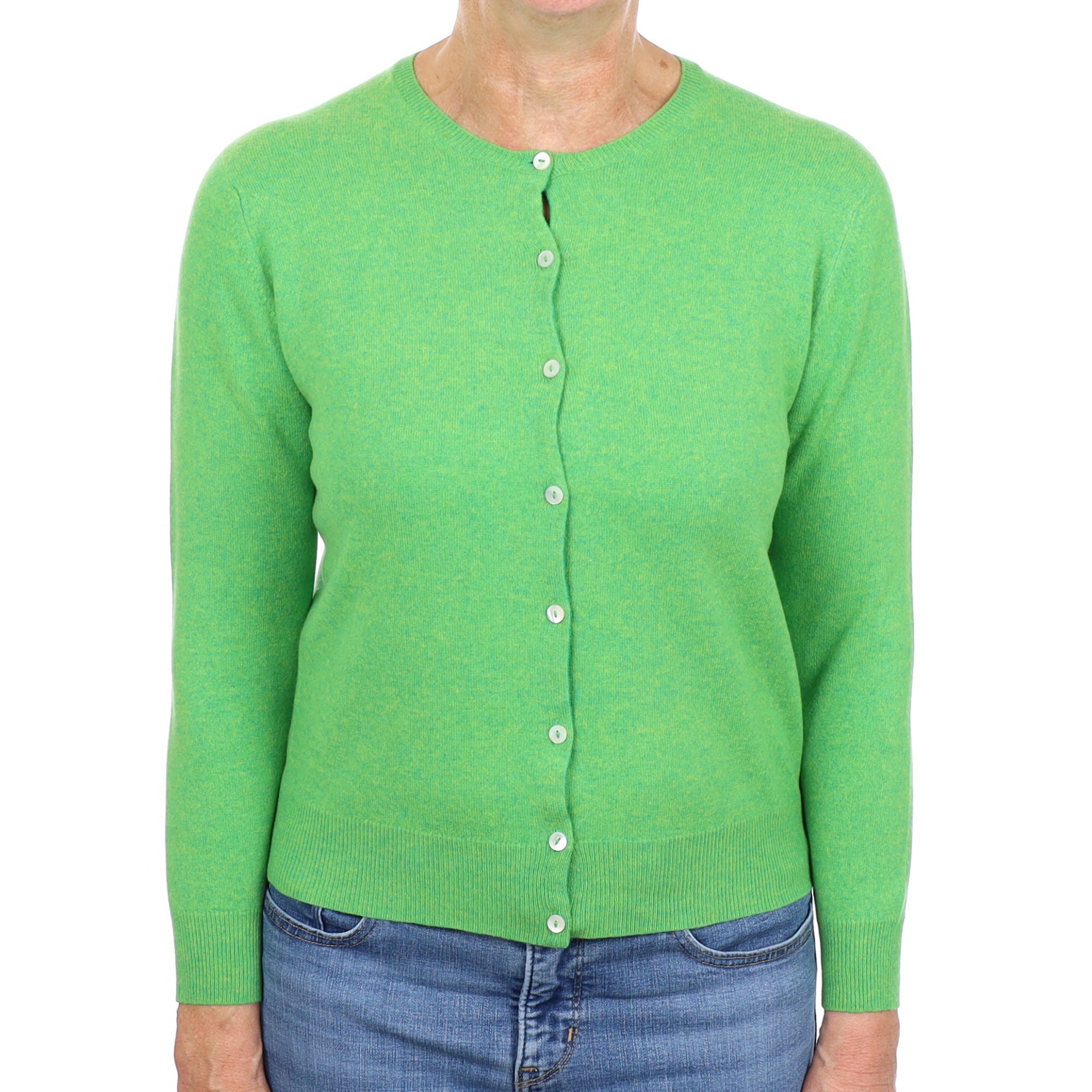 Scottish Neon Green Marl Cashmere Crew Neck Cardigan Medium