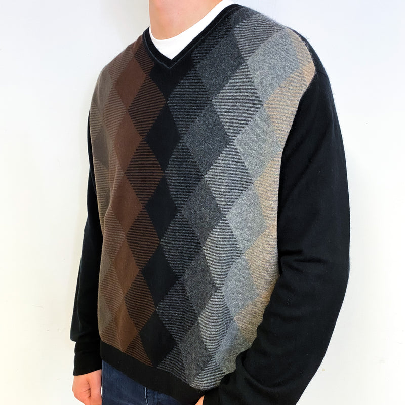 Men's Black Brown Diamond Cashmere V-Neck Jumper Extra Extra Large
