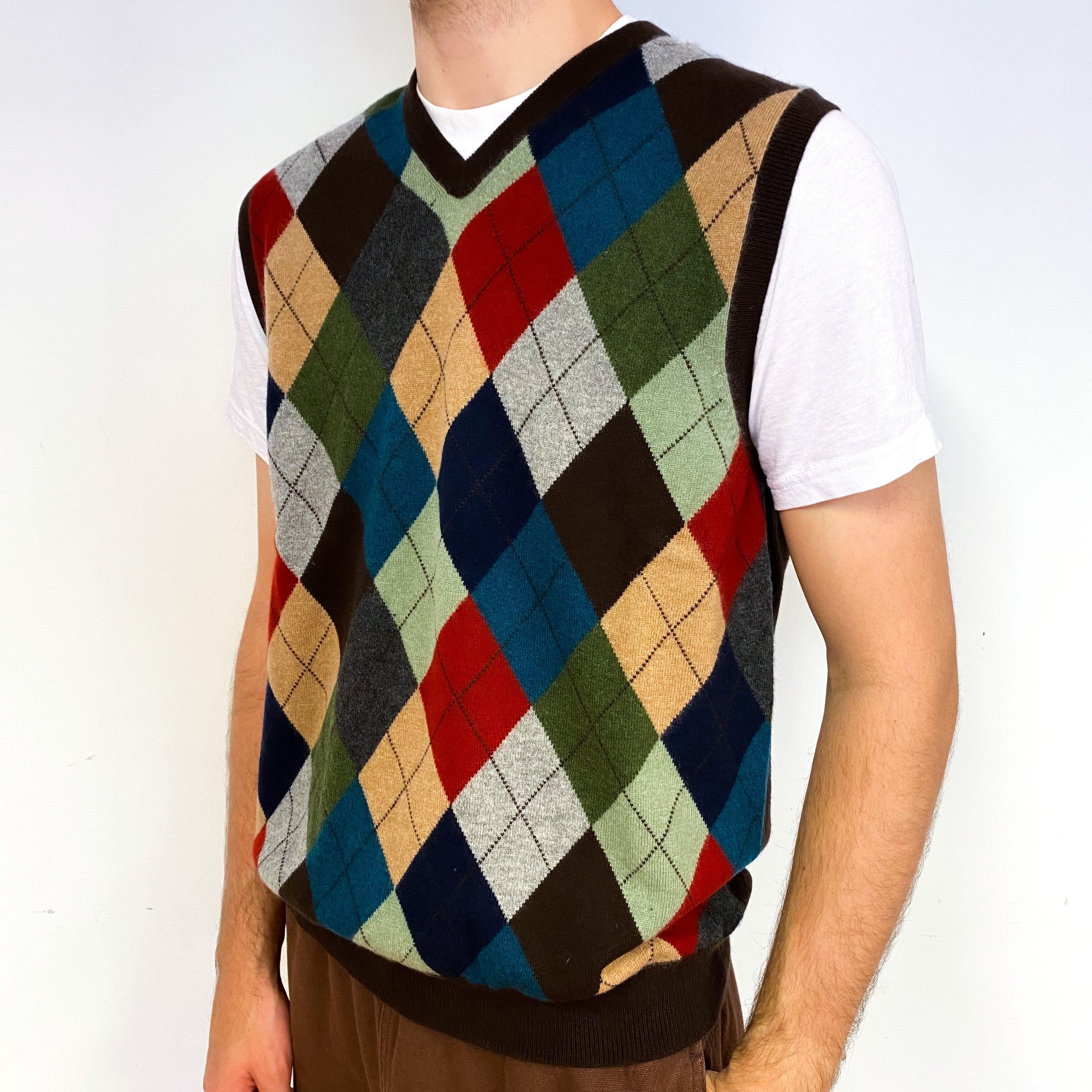 Men's Chocolate Brown Harlequin Cashmere V-Neck Tank Top Large