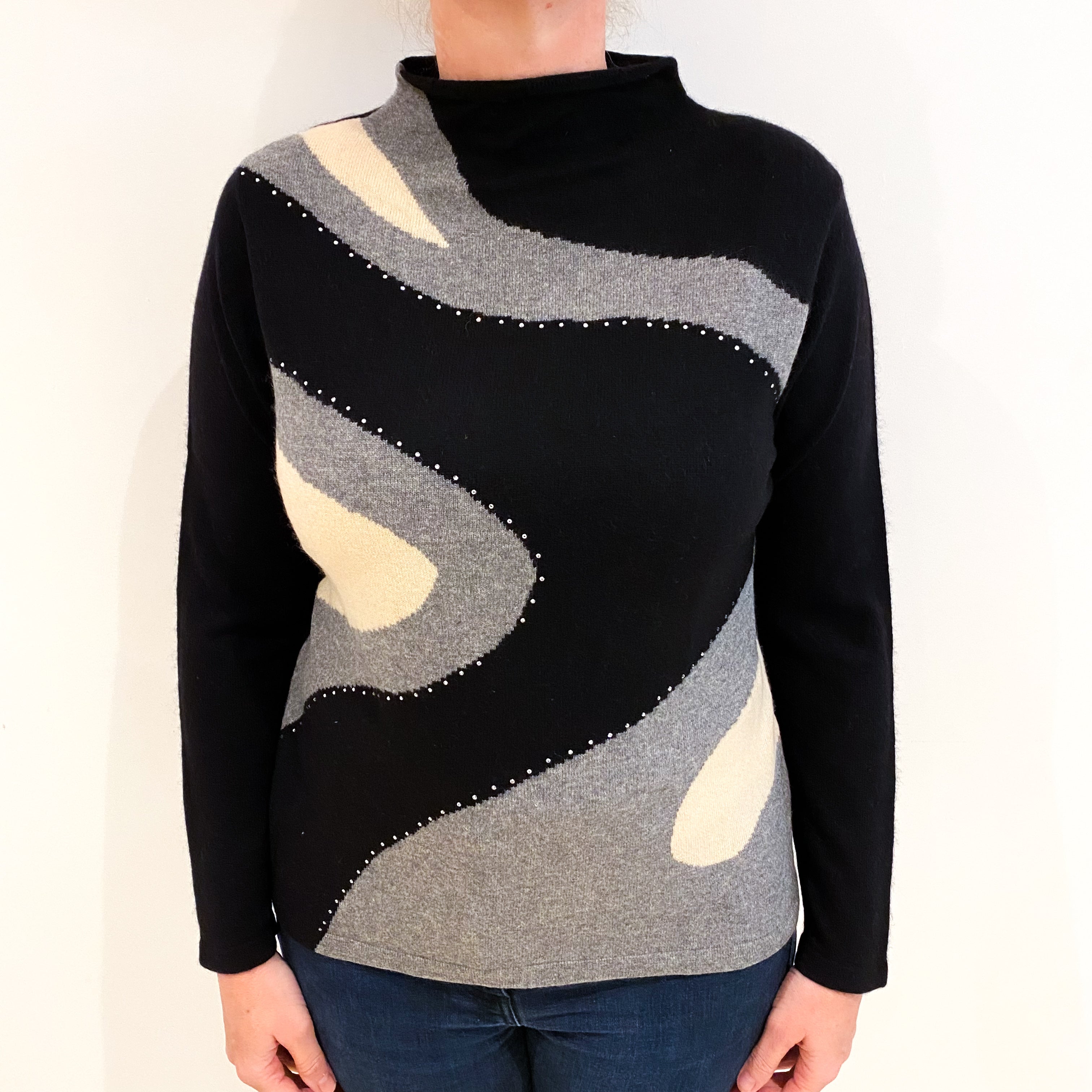 Black And Grey Patterned Cashmere Turtle Neck Jumper Large