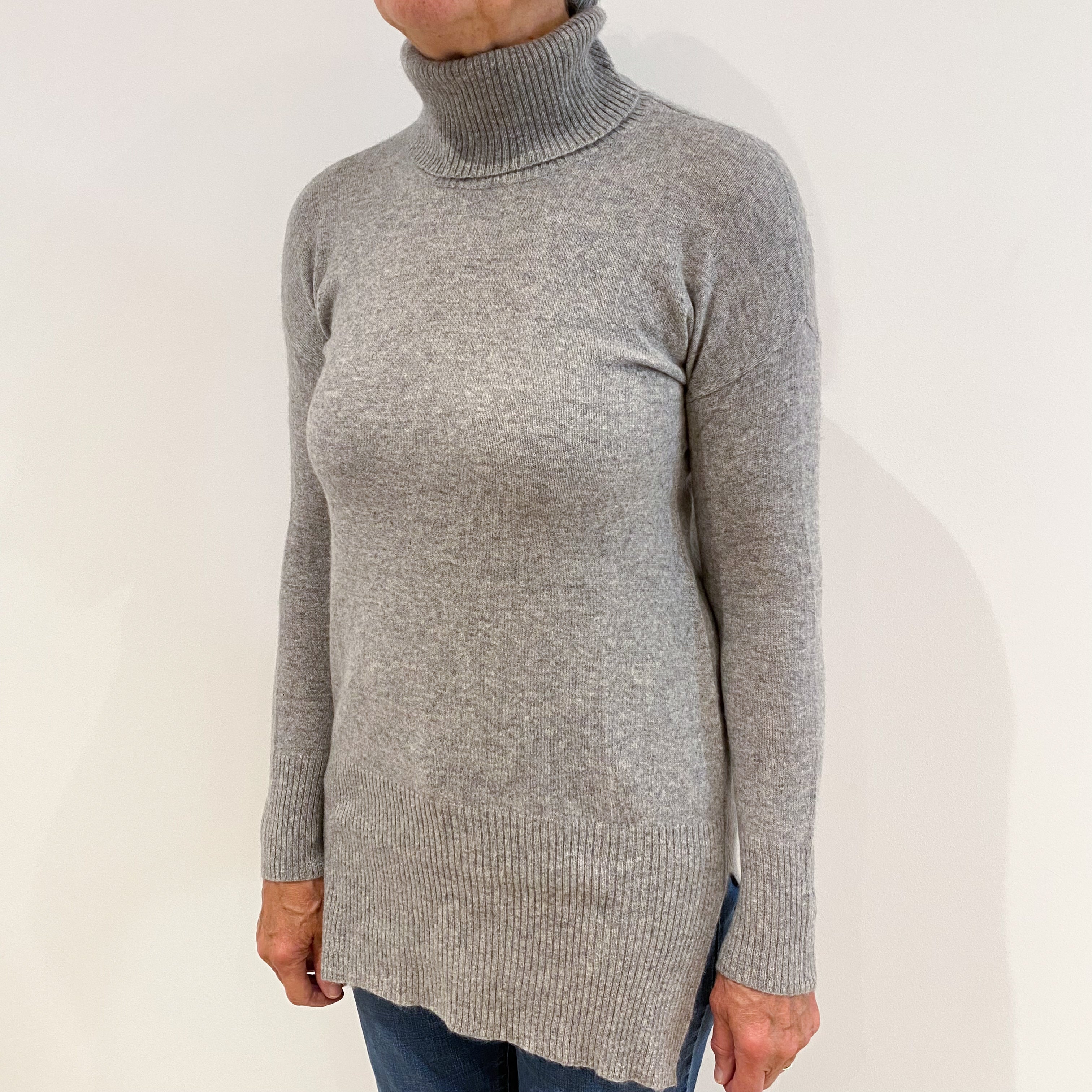 Smoke Grey Longline Cashmere Polo Neck Jumper Medium