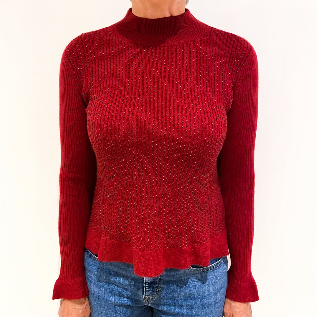 Maroon Red Beaded Cashmere Turtle Neck Jumper Medium