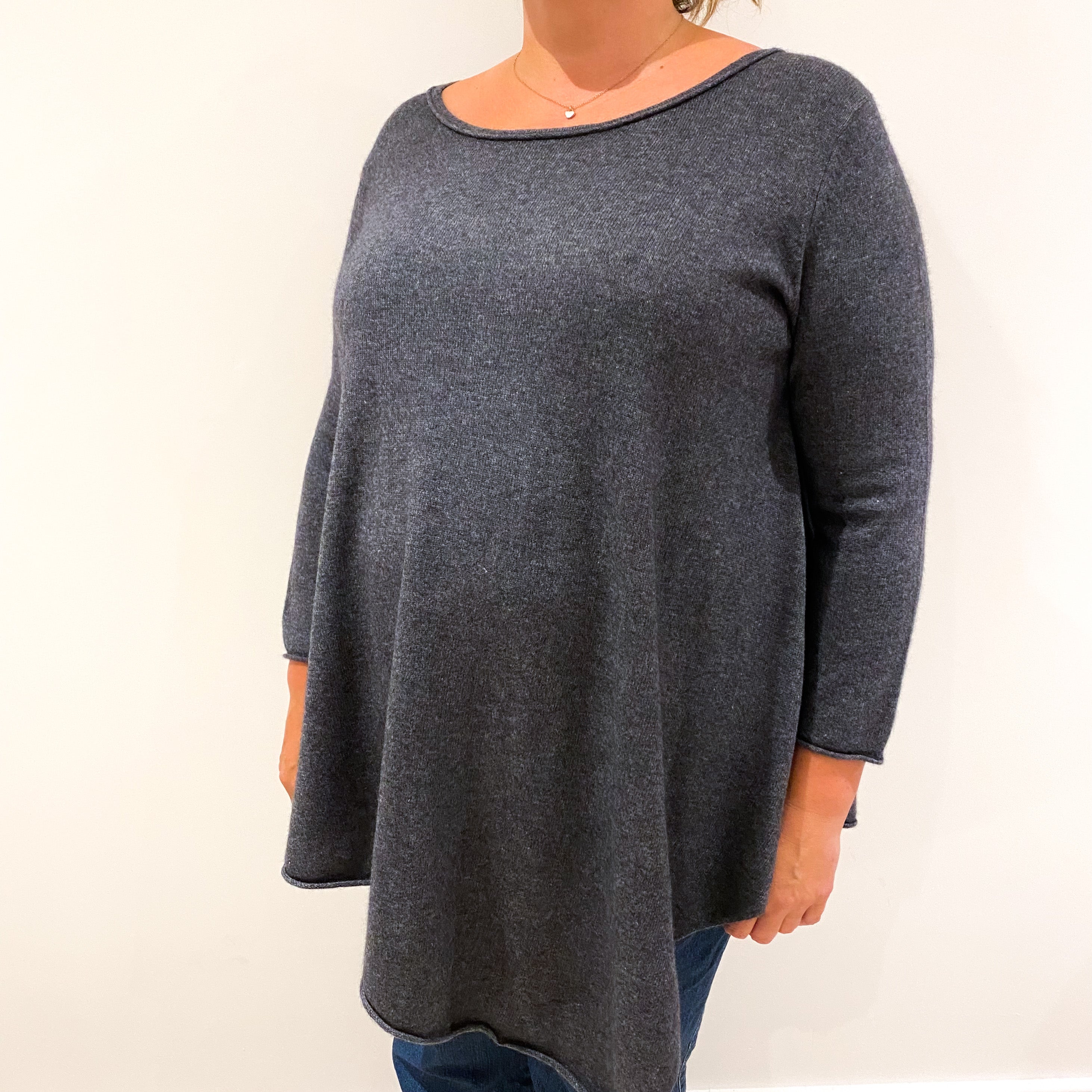 Slate Grey Asymmetric Cashmere Crew Neck Tunic Jumper Extra Large