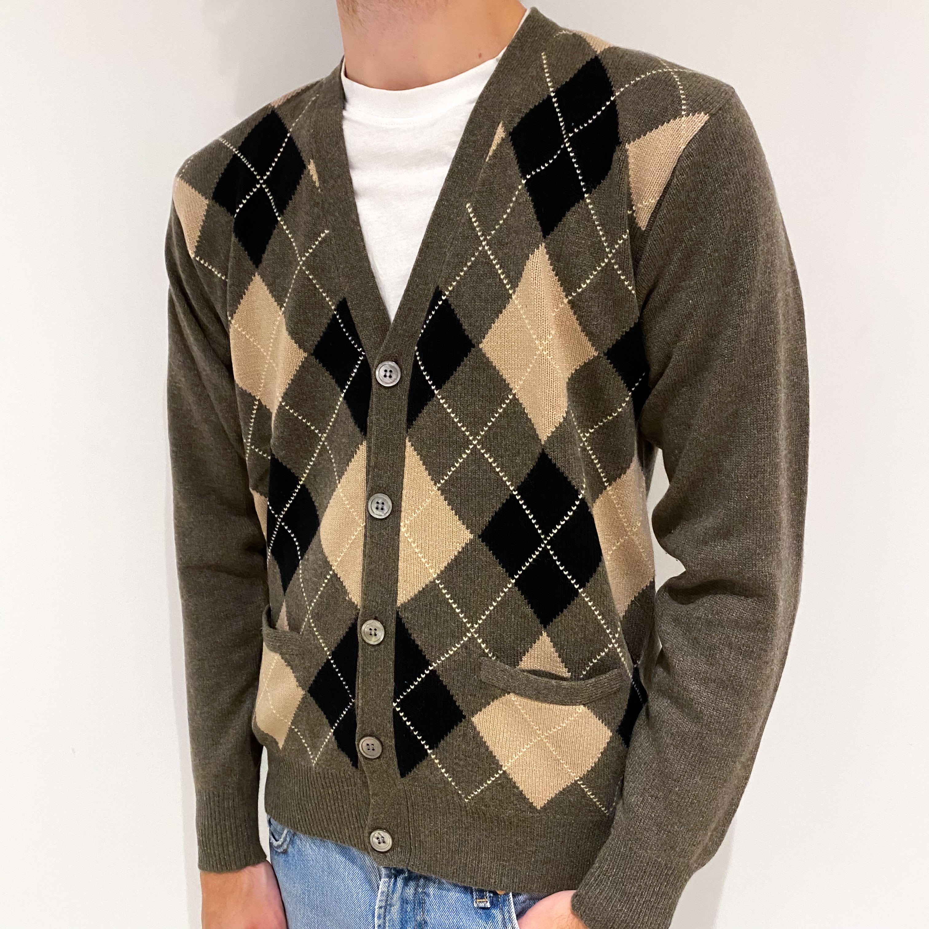 Men's Donkey Brown Argyle Cashmere V-Neck Cardigan Large