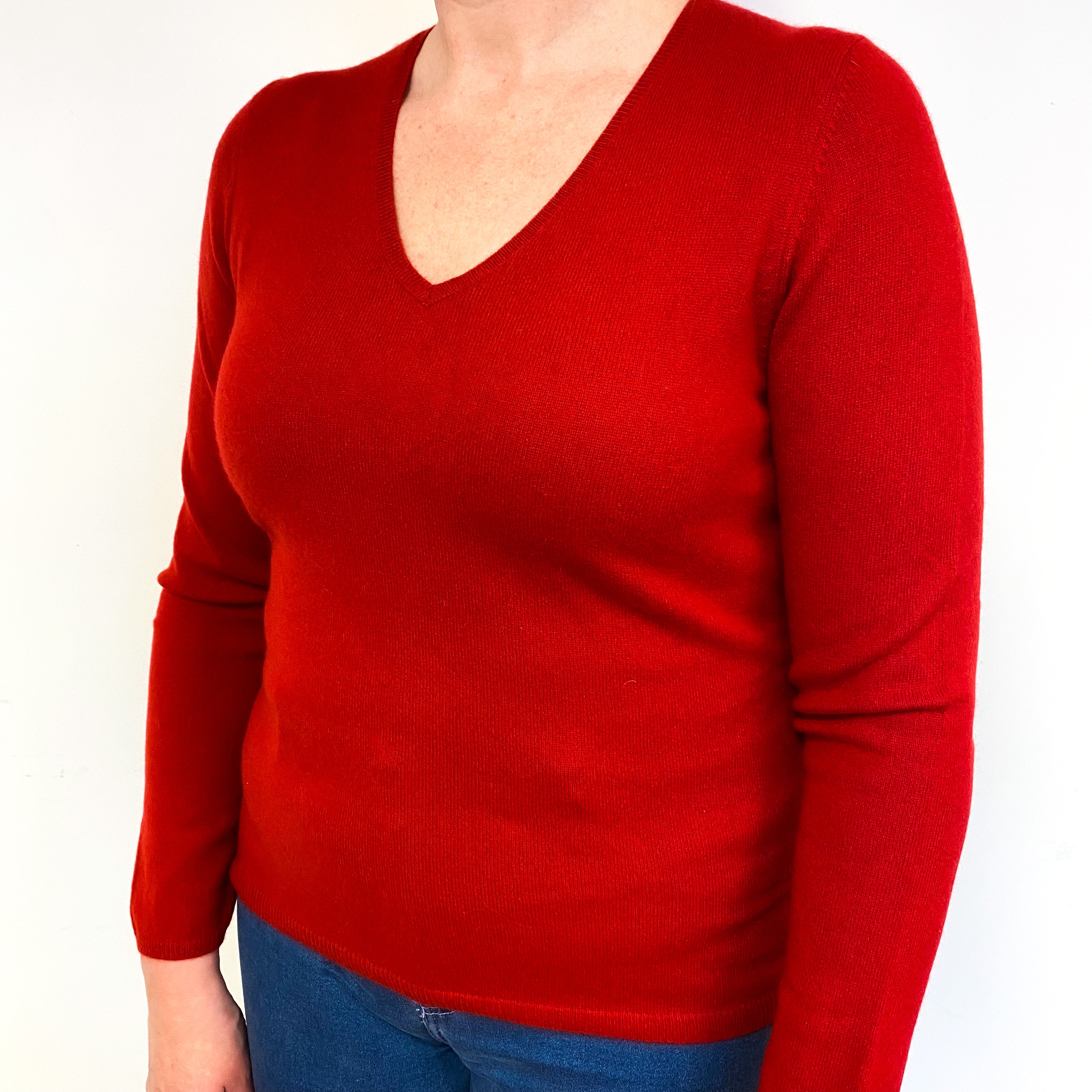 Post Box Red Cashmere V-Neck Jumper Large