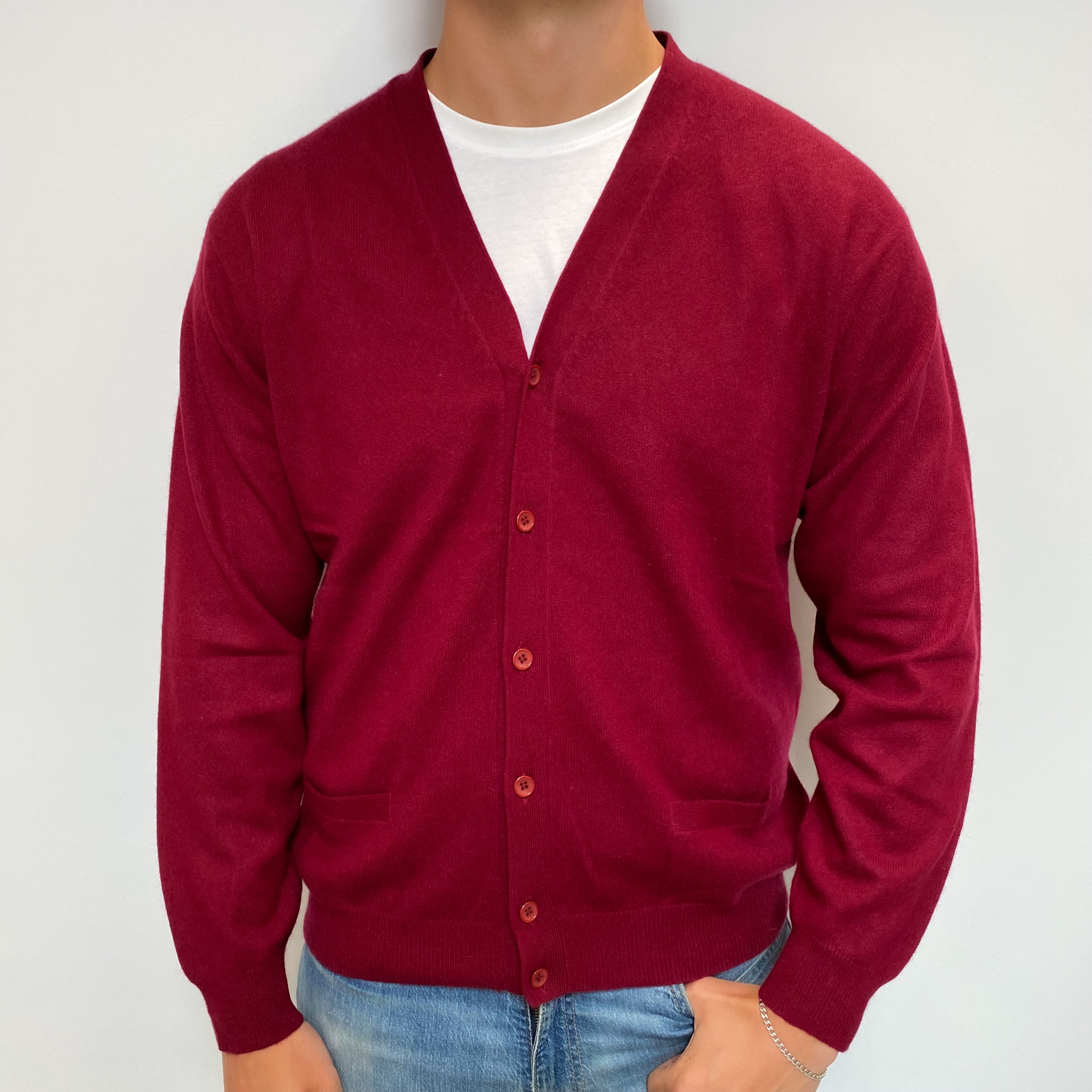 Men's Wine Red Cashmere V Neck Cardigan with Pockets XXL