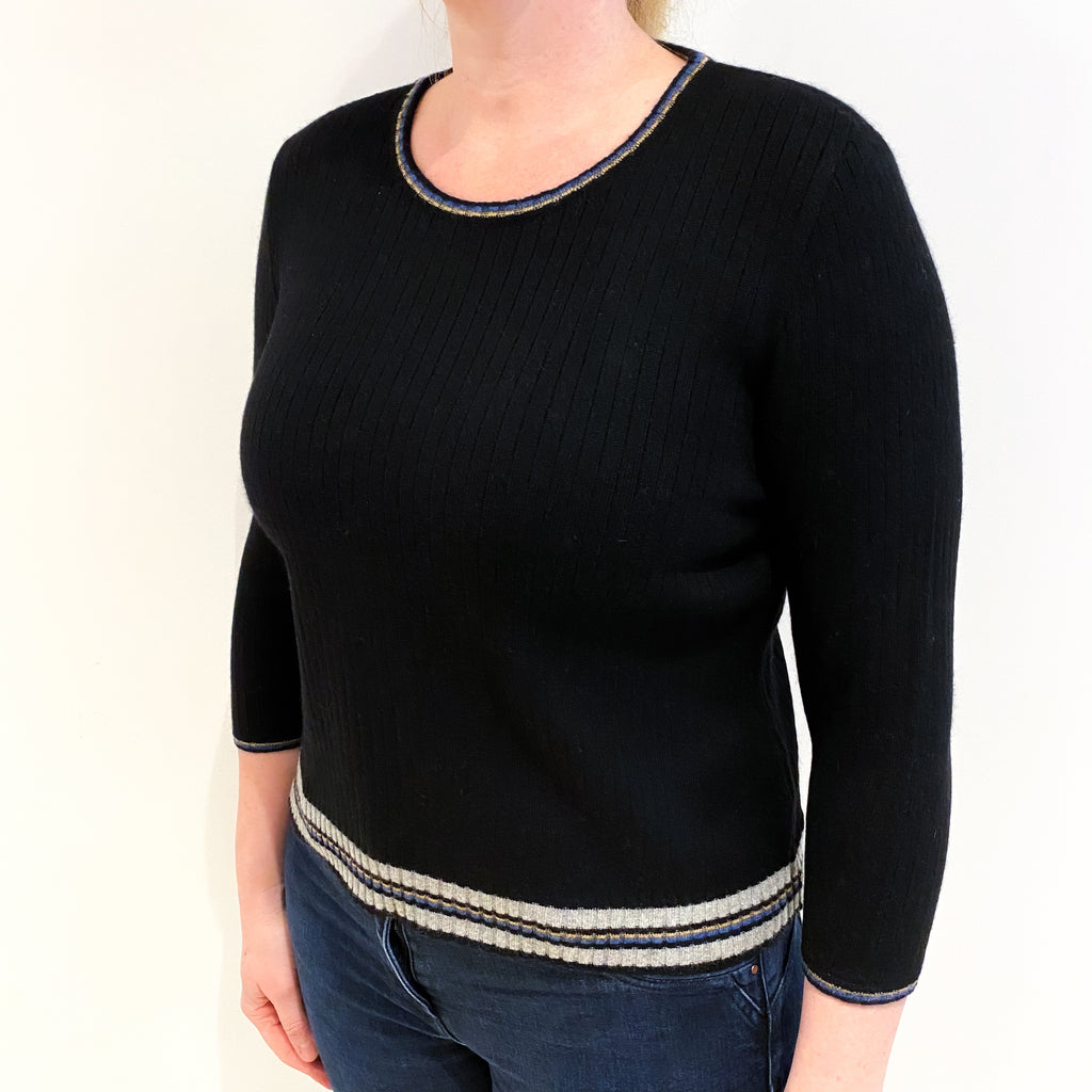 Black Cable With Stripe Hem Cashmere Crew Neck Jumper Large