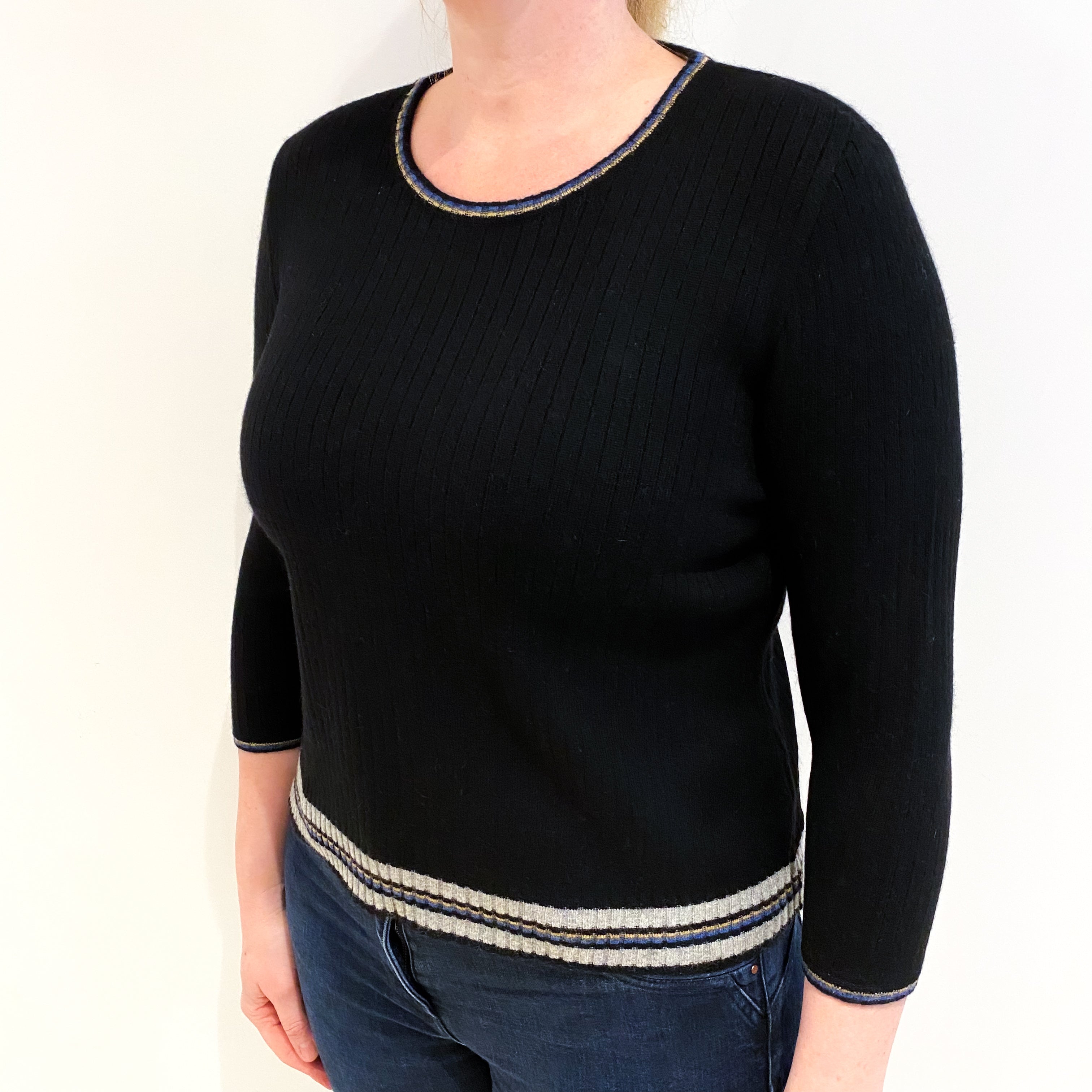 Black Cable With Stripe Hem Cashmere Crew Neck Jumper Large