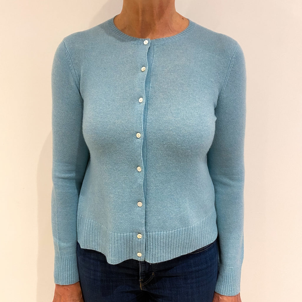 Pale Aqua Blue Cashmere Crew Neck Cardigan Medium