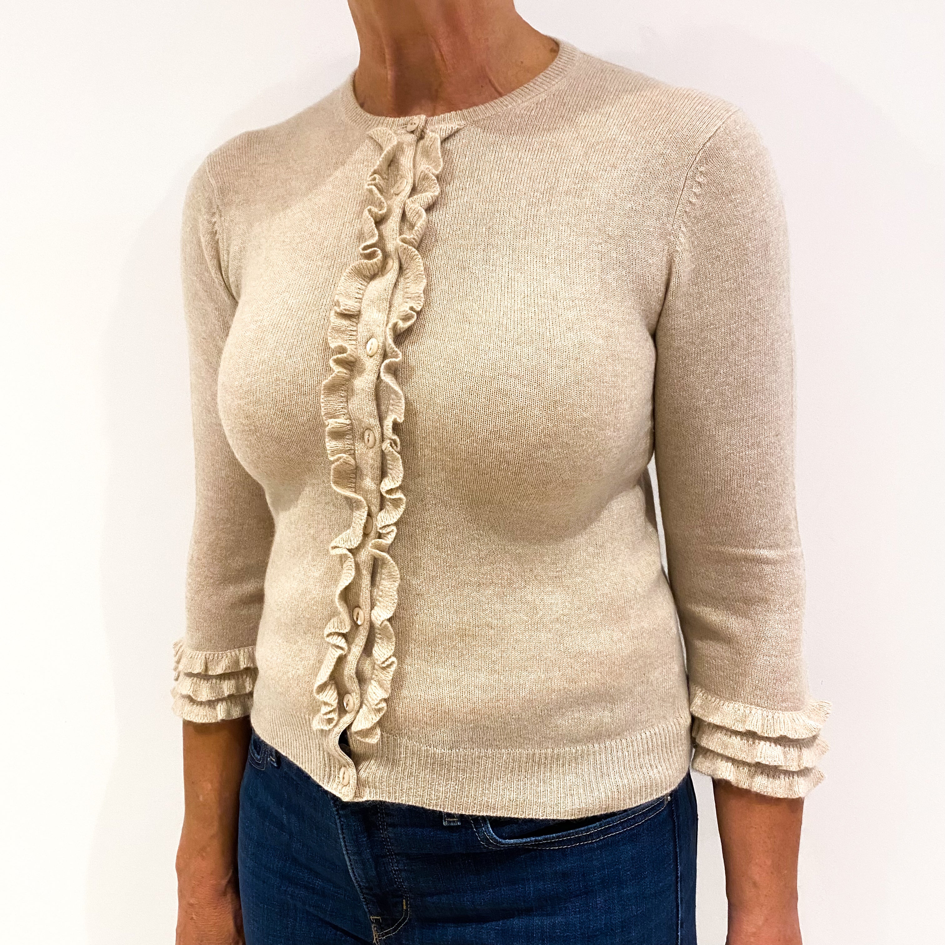 Fawn Beige Ruffle Front Cashmere Crew Neck Cardigan Medium