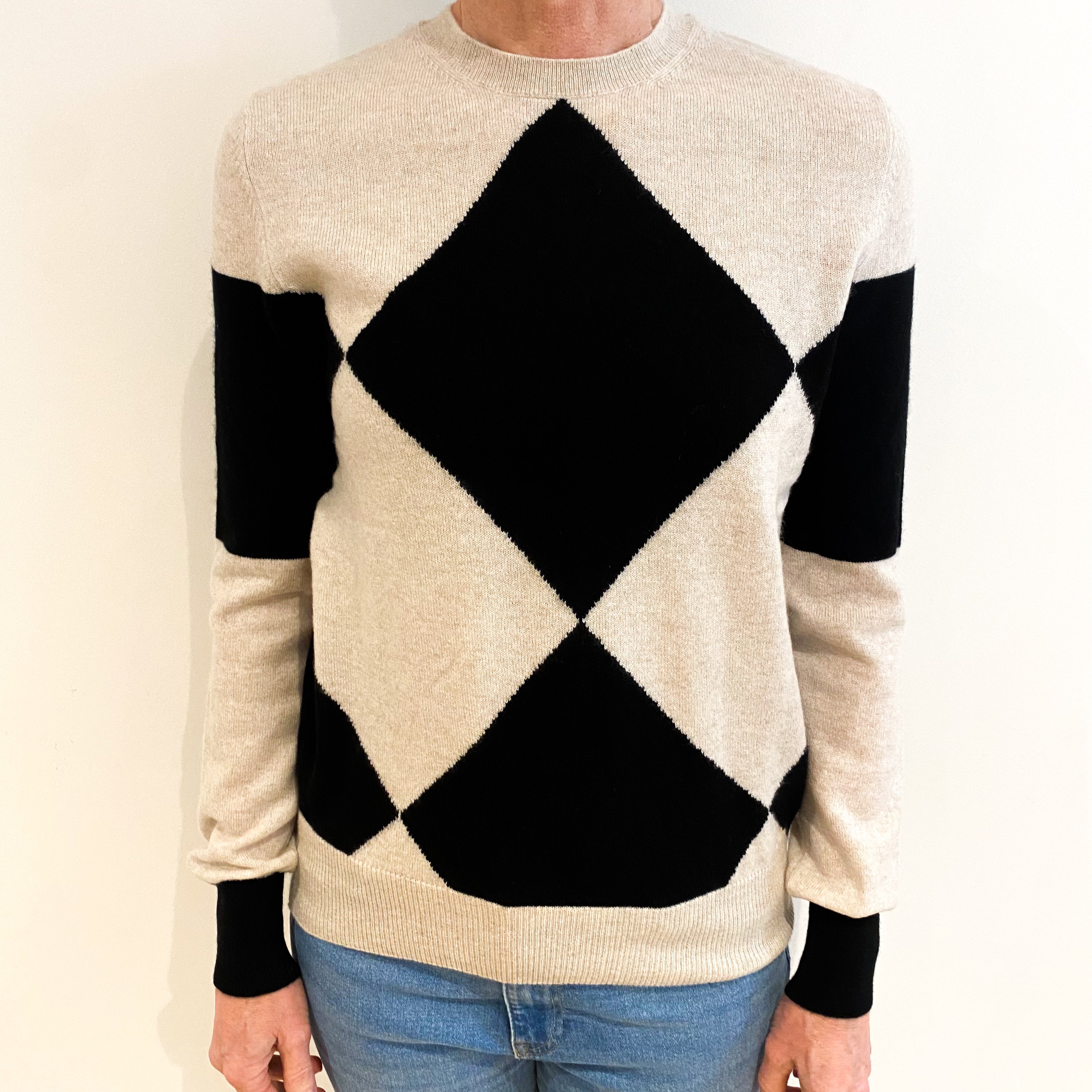 Oatmeal And Black Diamond Cashmere Crew Neck Jumper Small
