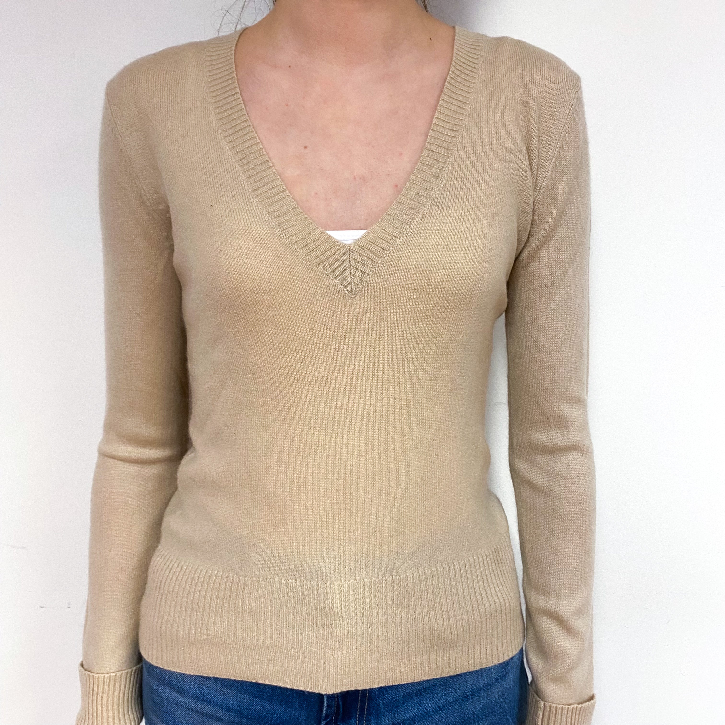 Beige Cashmere V-Neck Jumper Extra Small