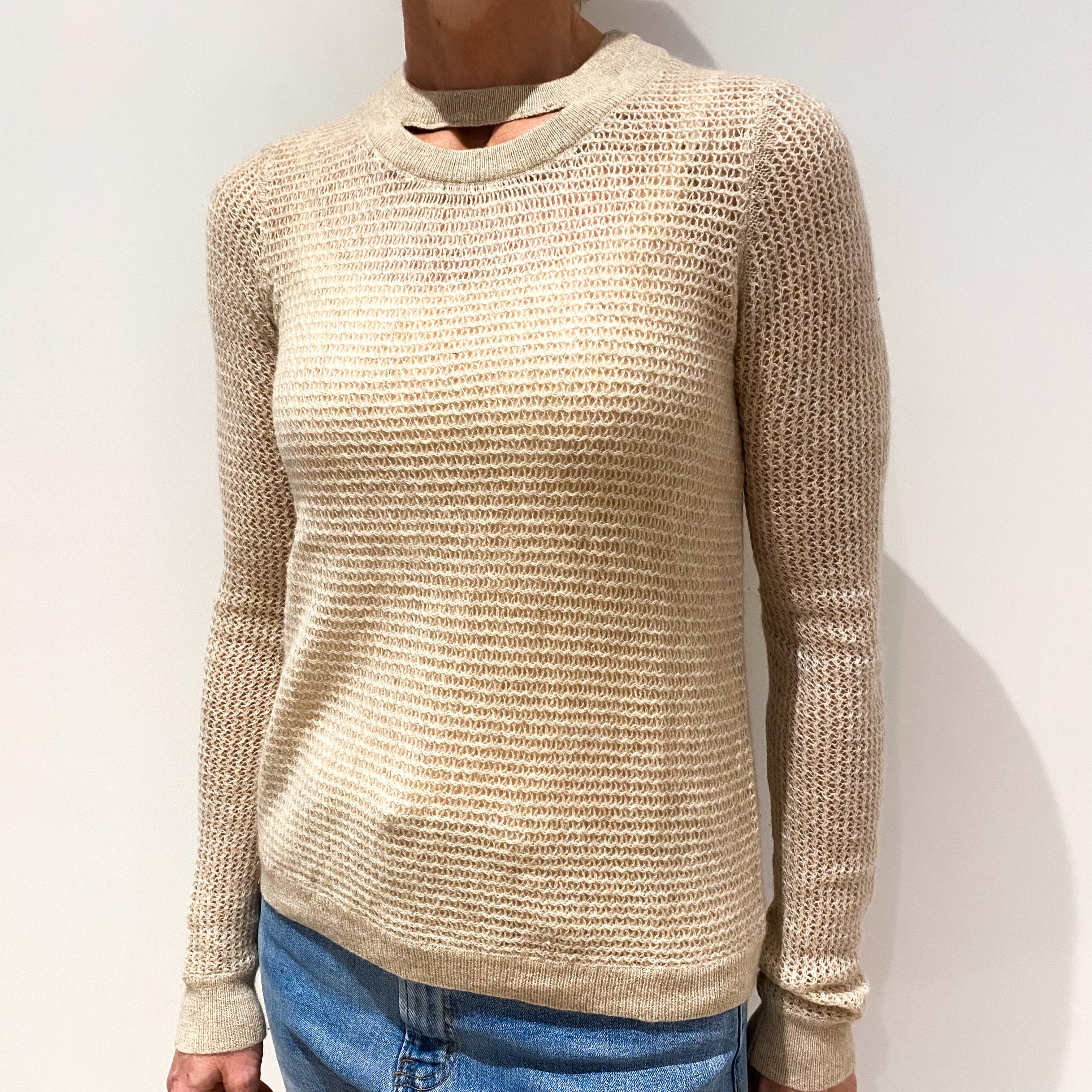 Oatmeal Beige Loose Knit Cashmere Crew Neck Jumper Small