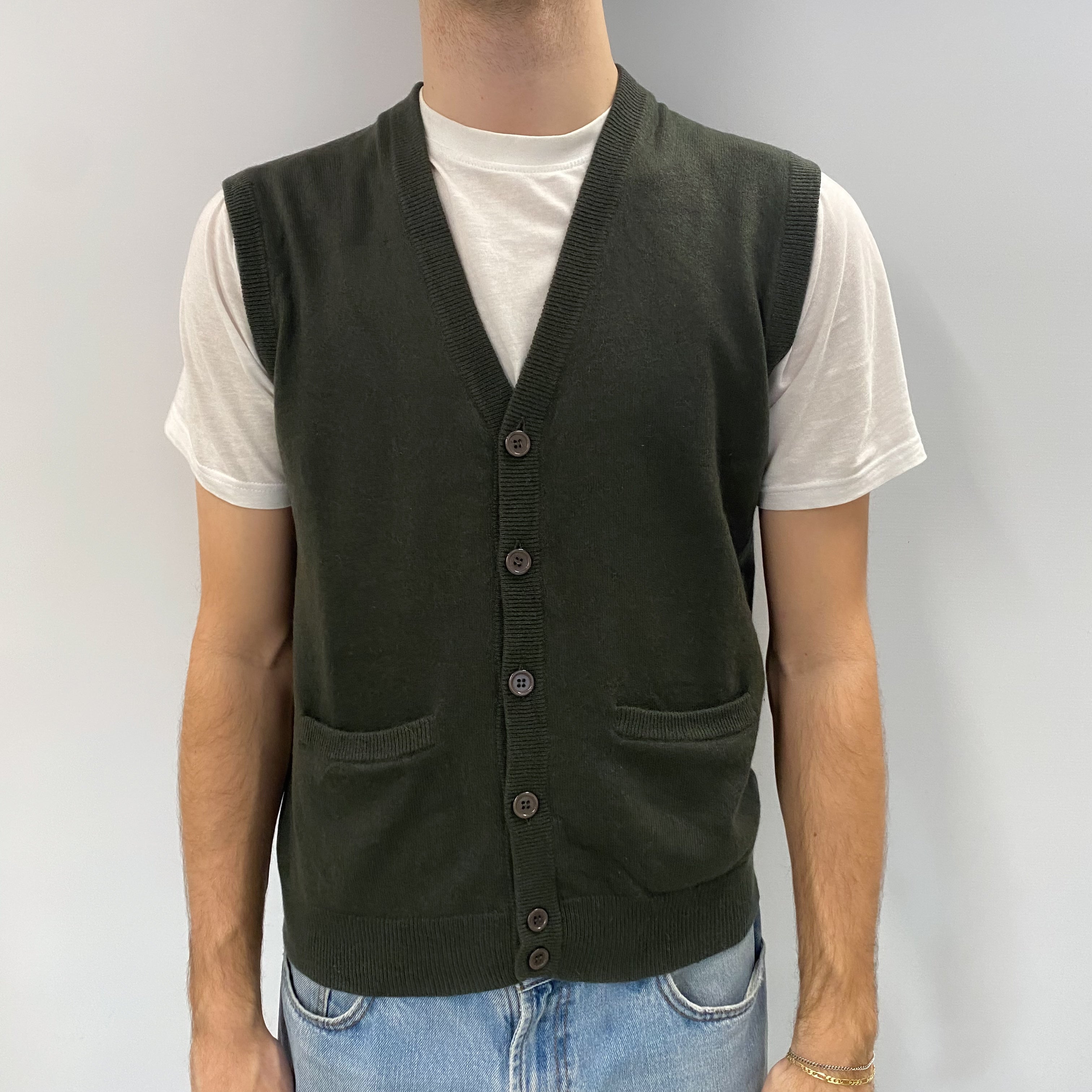 Men's Deep Khaki Green Cashmere Sleeveless Cardigan with Pockets Medium