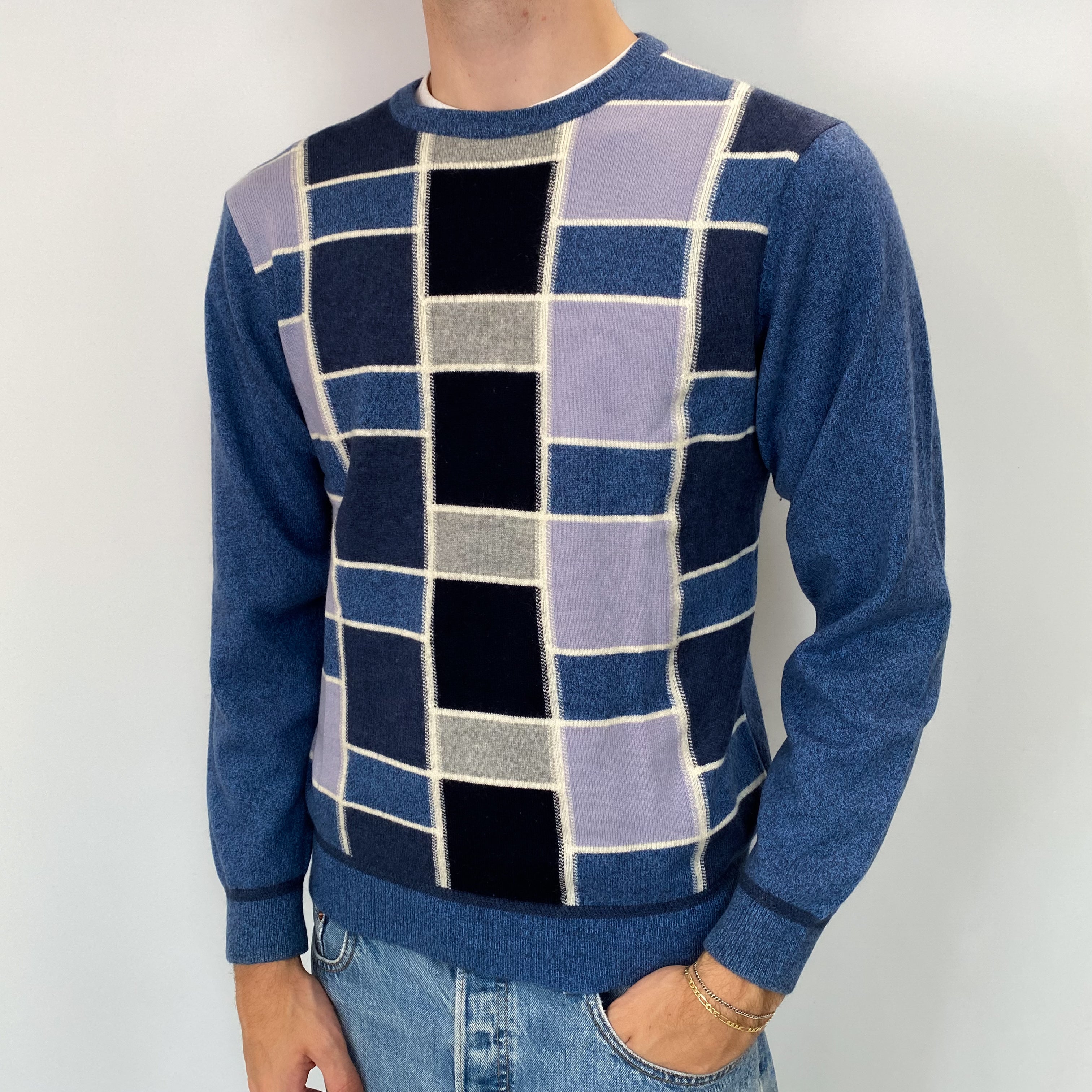 Men's Airforce Blue Colour Block Cashmere Crew Neck Jumper Medium