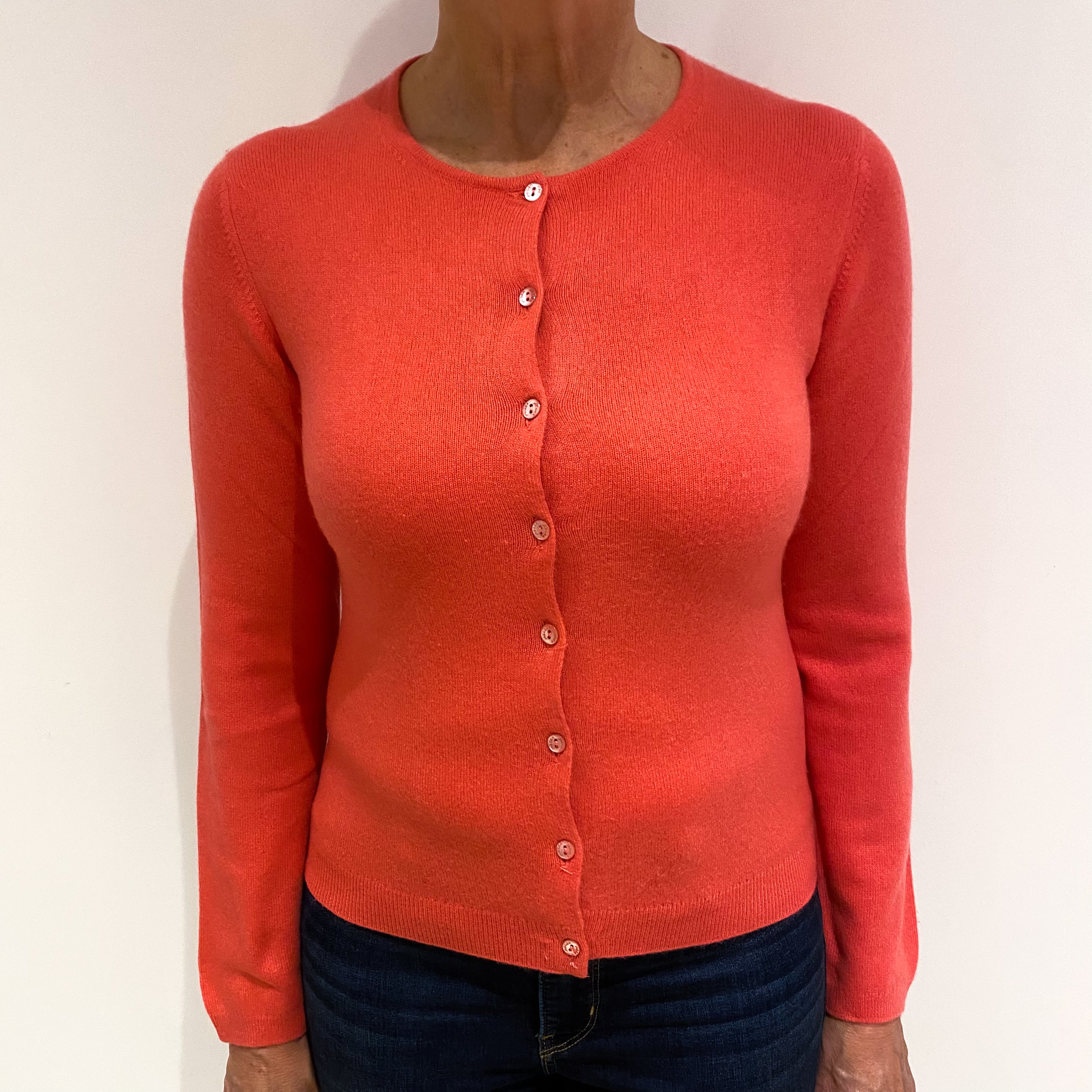 Jaeger Coral Pink Cashmere Crew Neck Cardigan Medium