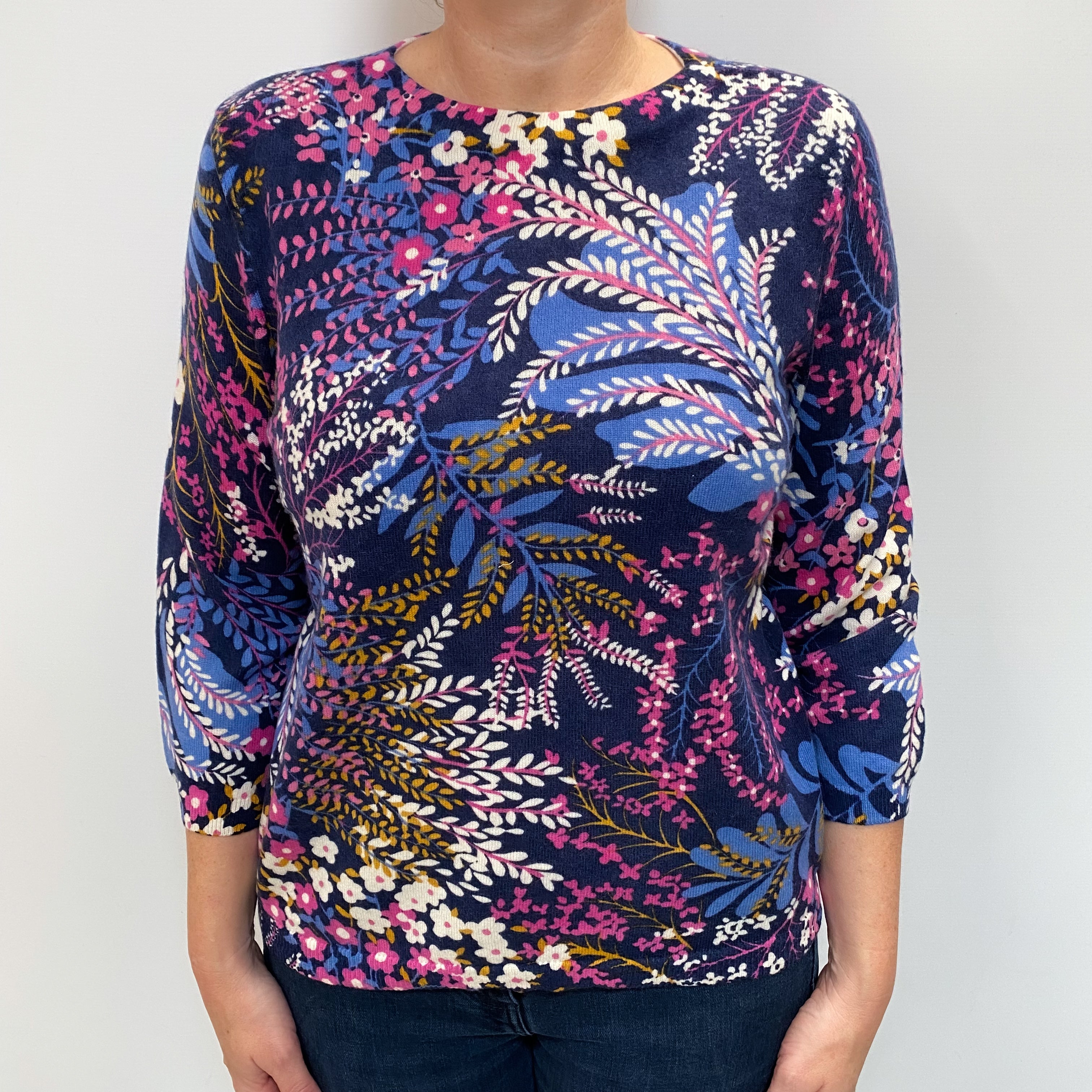 Navy Blue Patterned Cashmere Crew Neck Jumper Large