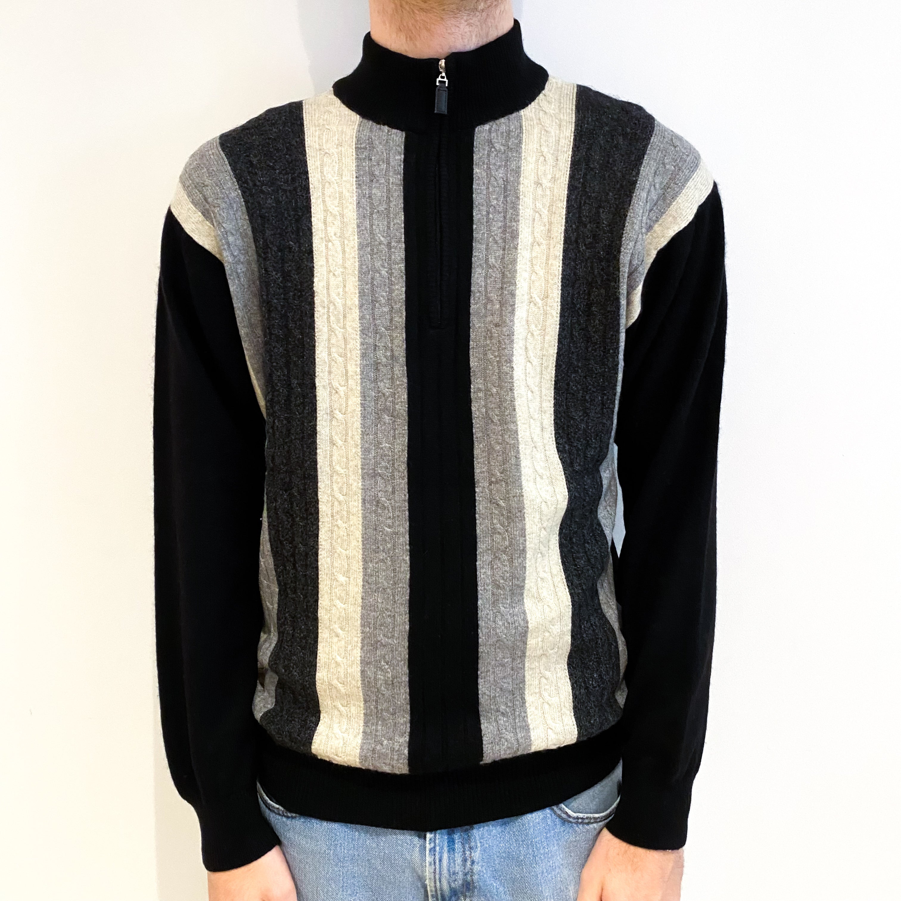Men's Black Grey Stripe Cashmere 3/4 Zip V Neck Jumper Large