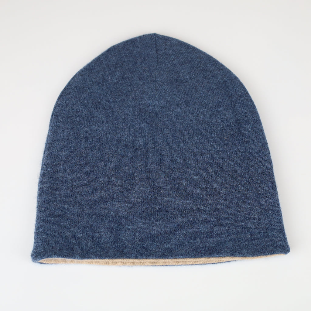 Men’s Navy Blue and Camel Cashmere Beanie Hat