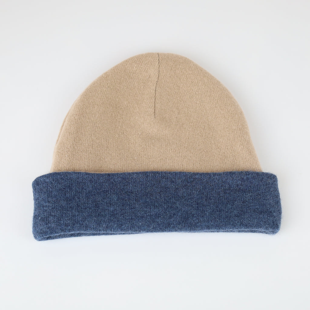 Men’s Navy Blue and Camel Cashmere Beanie Hat