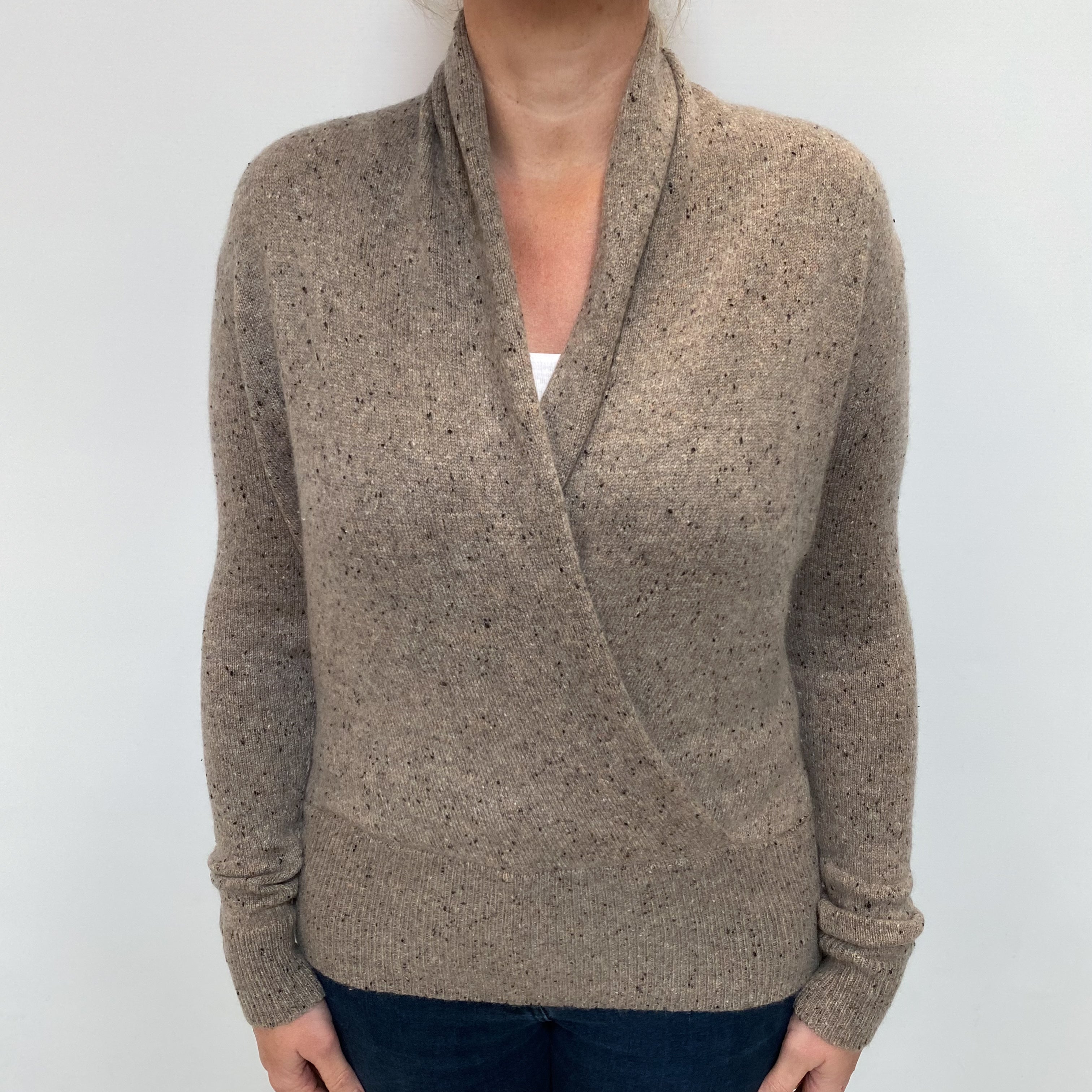 Taupe Marl Cashmere Cross Over V Neck Jumper Large