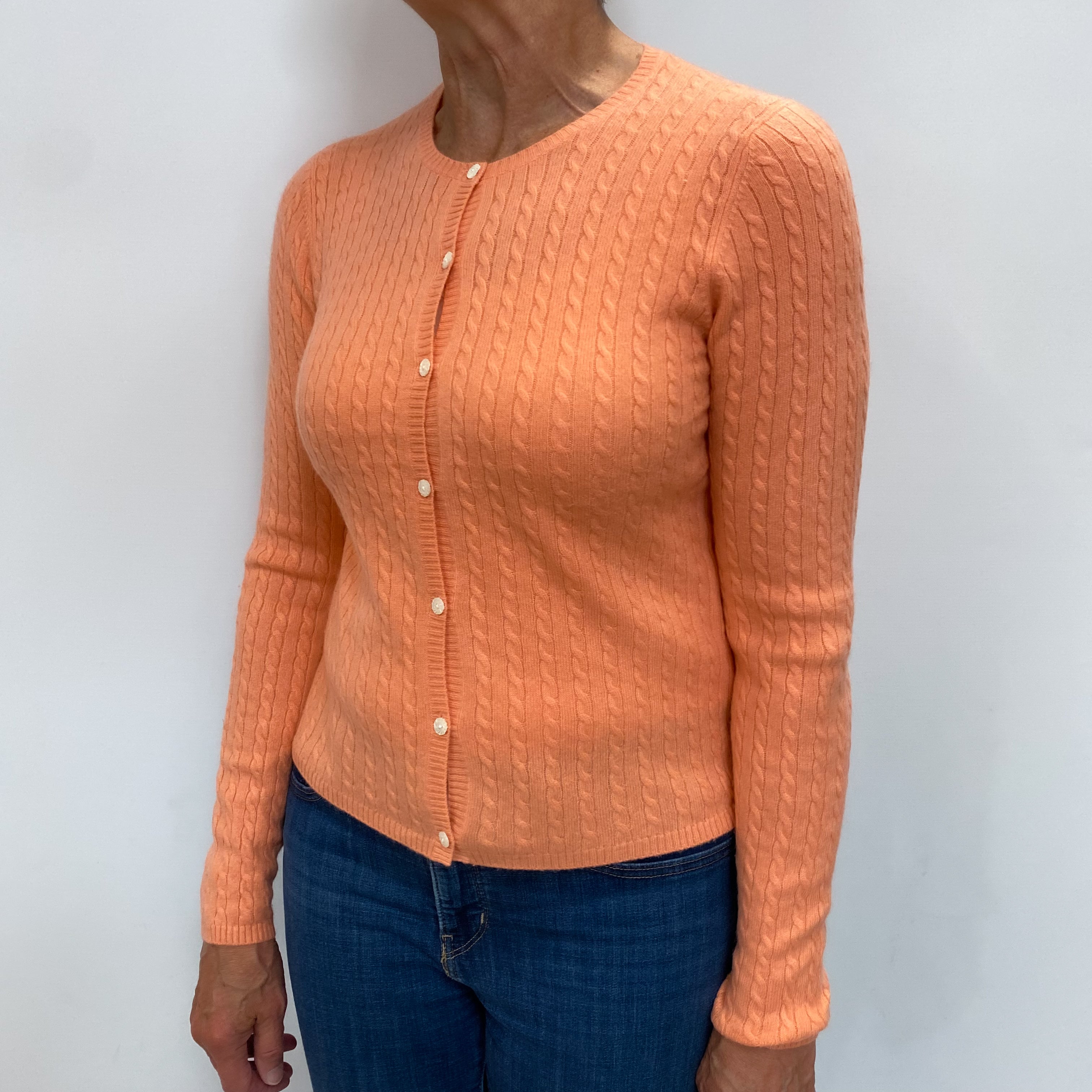 Peach Pink Cashmere Crew Neck Cable Knit Cardigan Medium