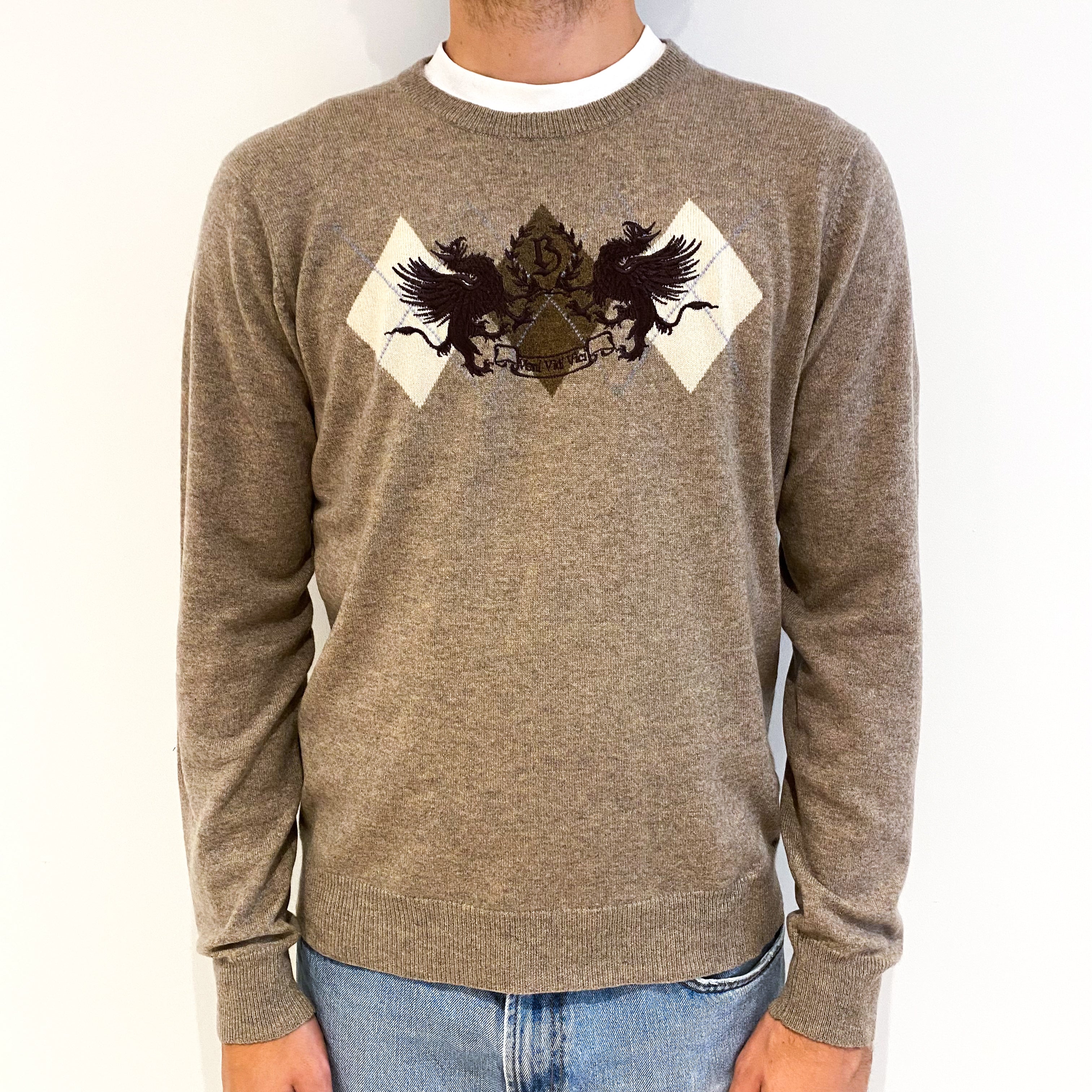 Men's Mink Brown Dragon Motif Cashmere Crew Neck Jumper Medium