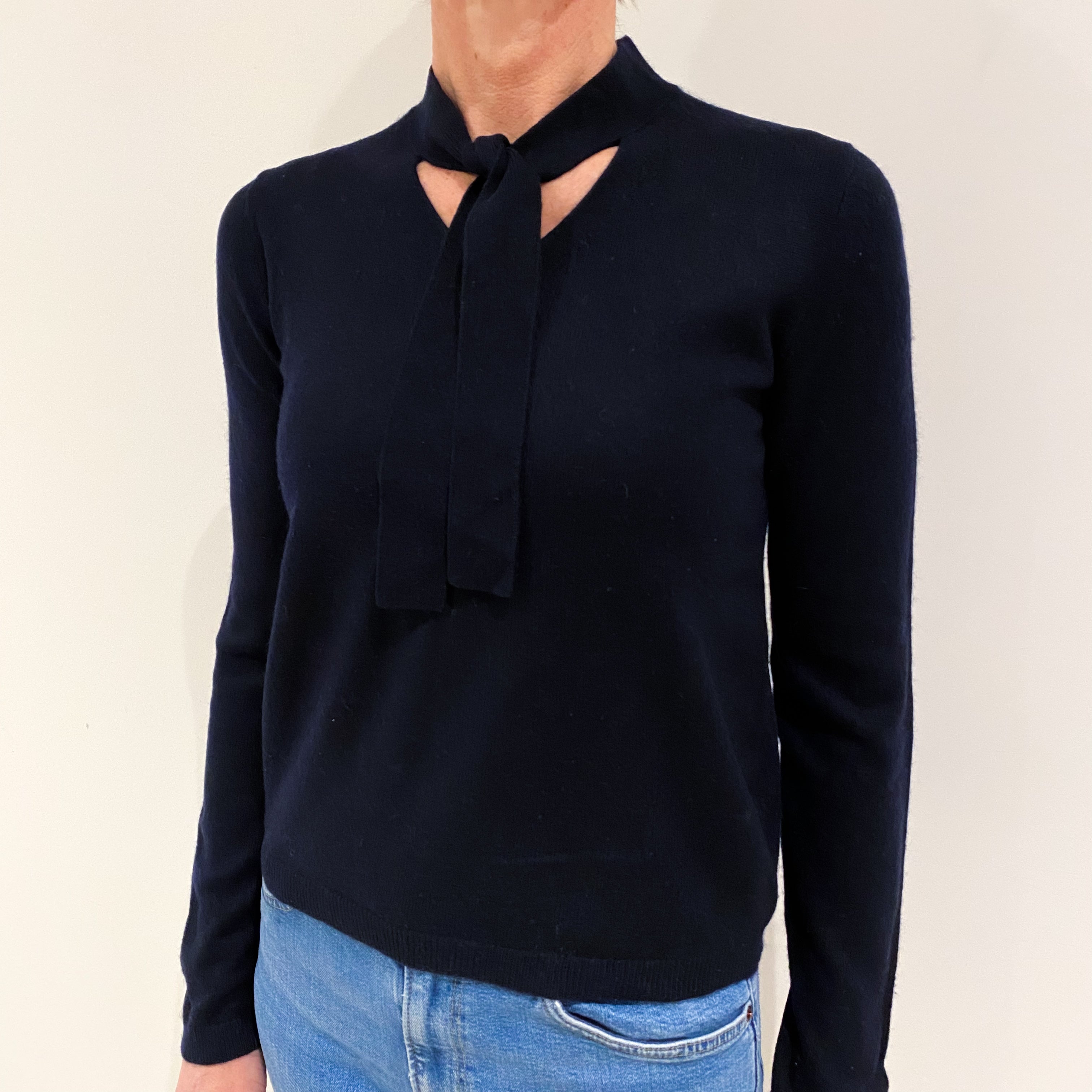 Navy Blue Cashmere V Neck Jumper with Neck Tie Small