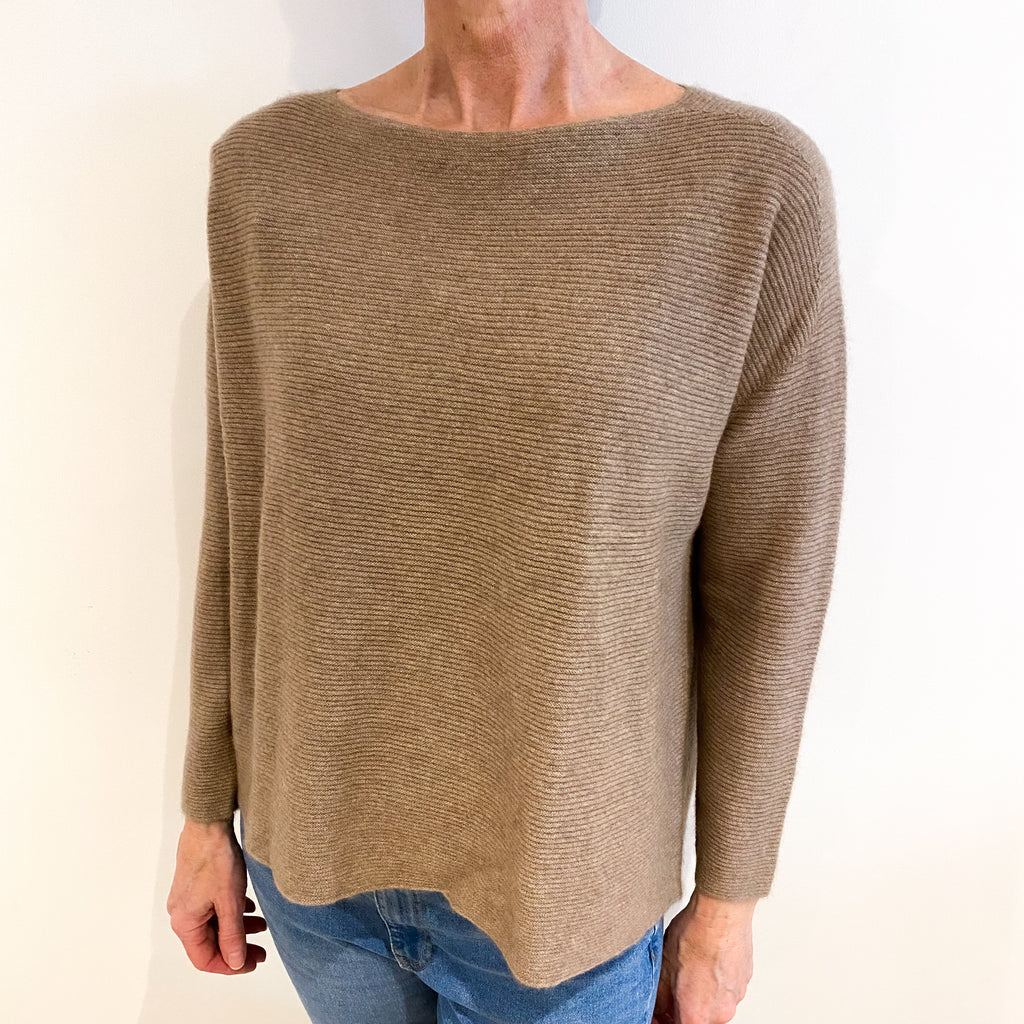 Taupe Brown Cashmere Slash Neck Jumper Small