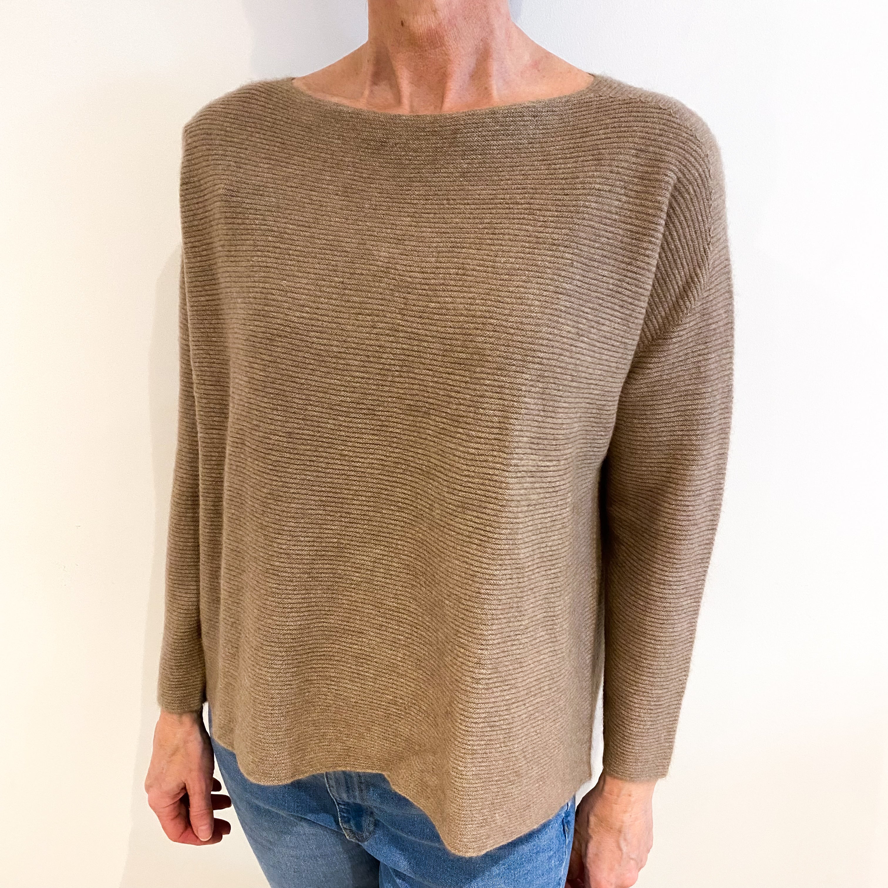 Taupe Brown Cashmere Slash Neck Jumper Small