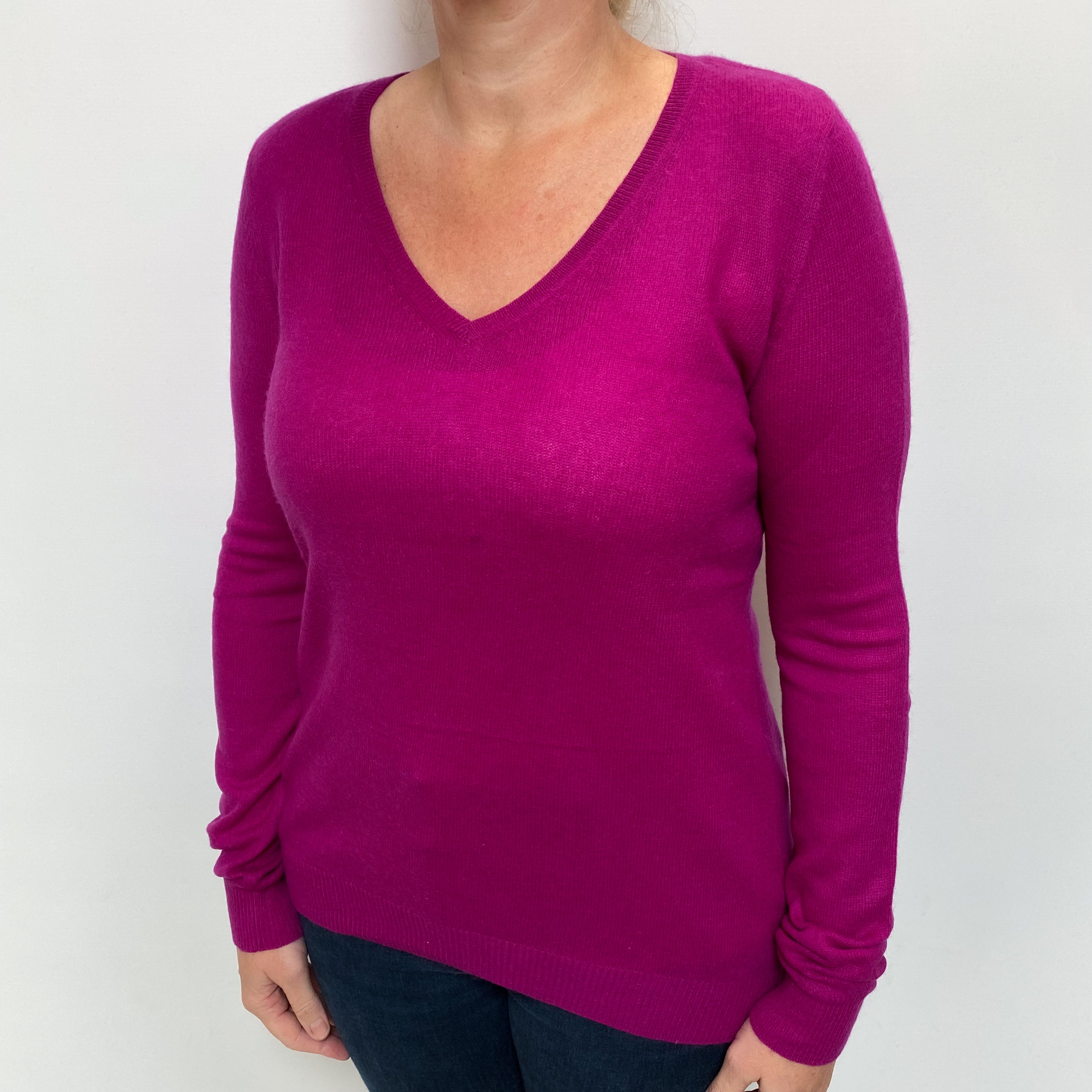 Magenta Pink Cashmere V Neck Jumper Large