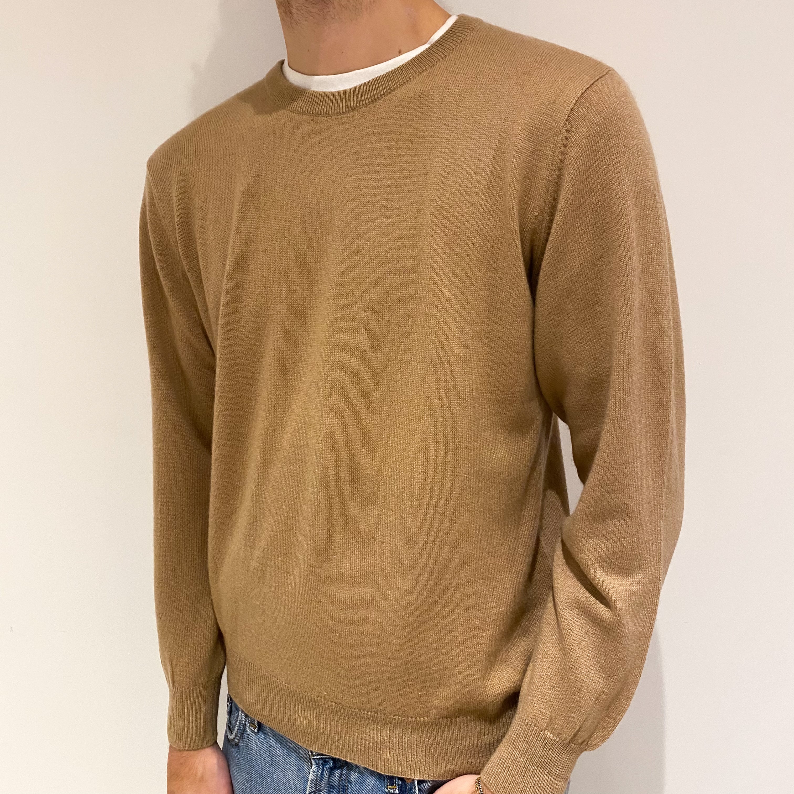 Men's Camel Brown Cashmere Crew Neck Jumper Large