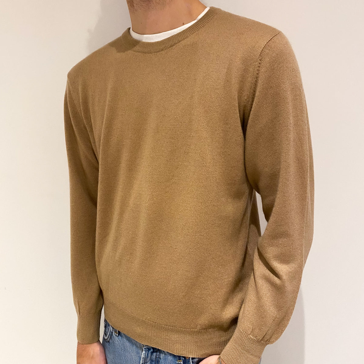 Men's Camel Brown Cashmere Crew Neck Jumper Large