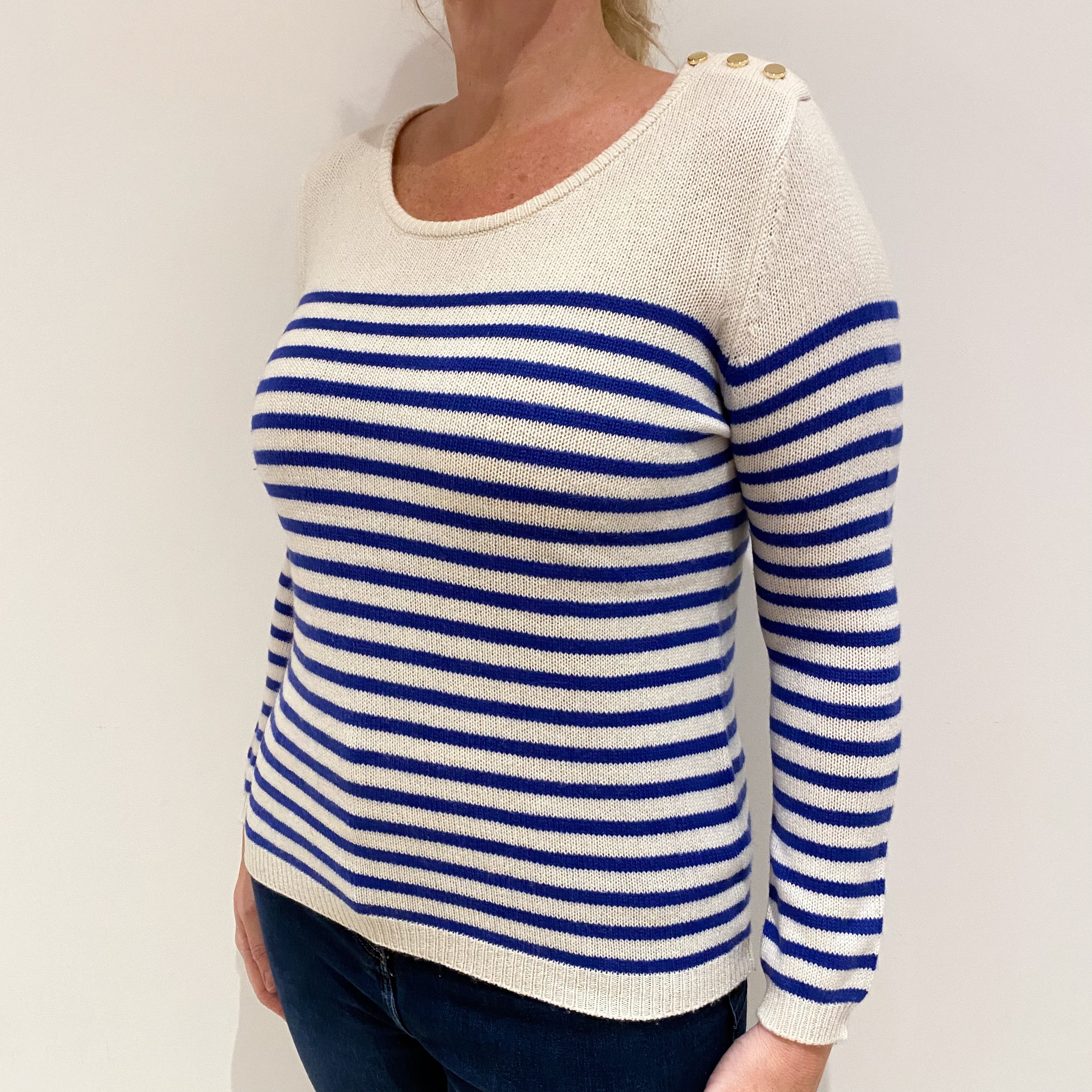 Cream Blue Stripe Cashmere Crew Neck Jumper Large