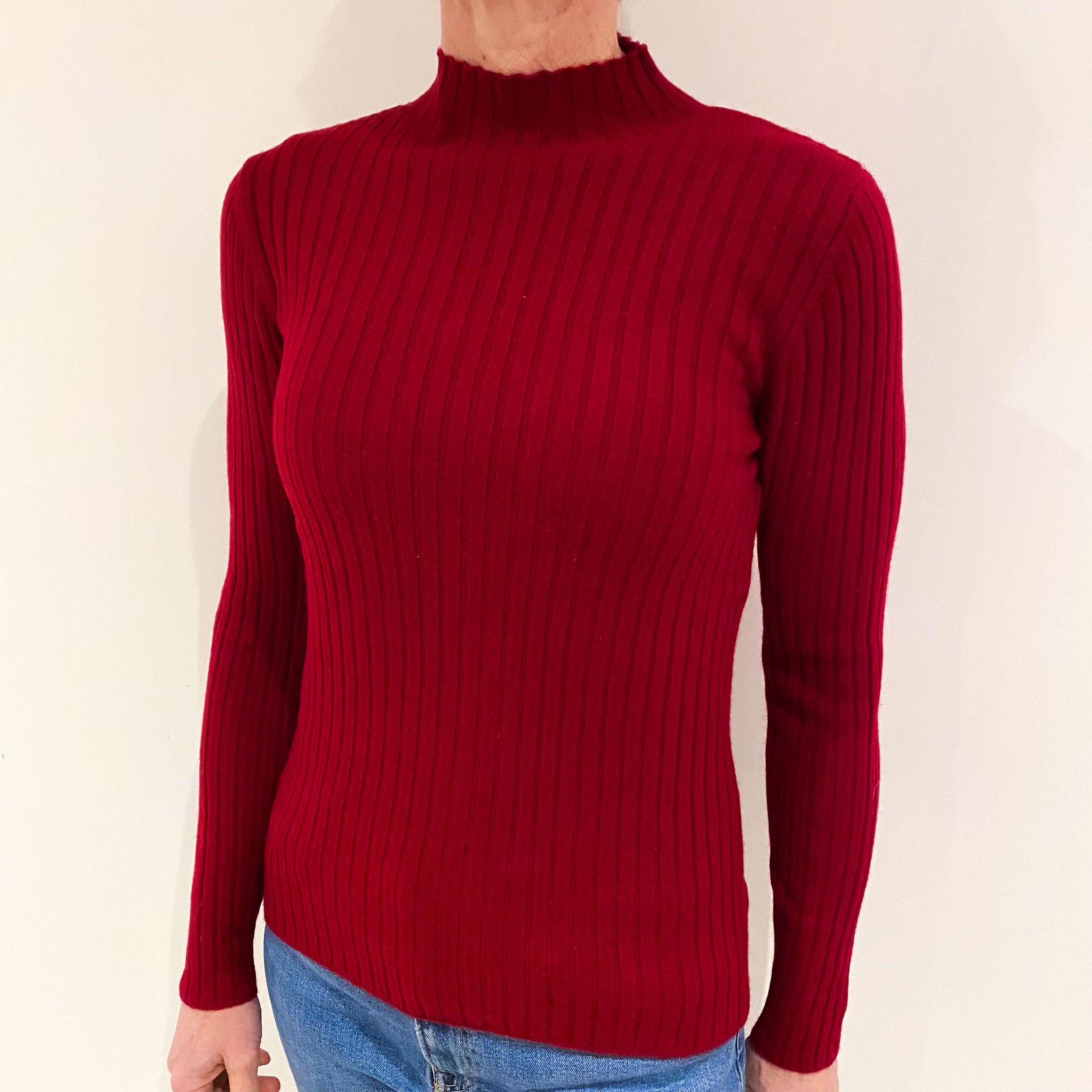 Crimson Red Skinny Rib Cashmere Turtle Neck Jumper Small