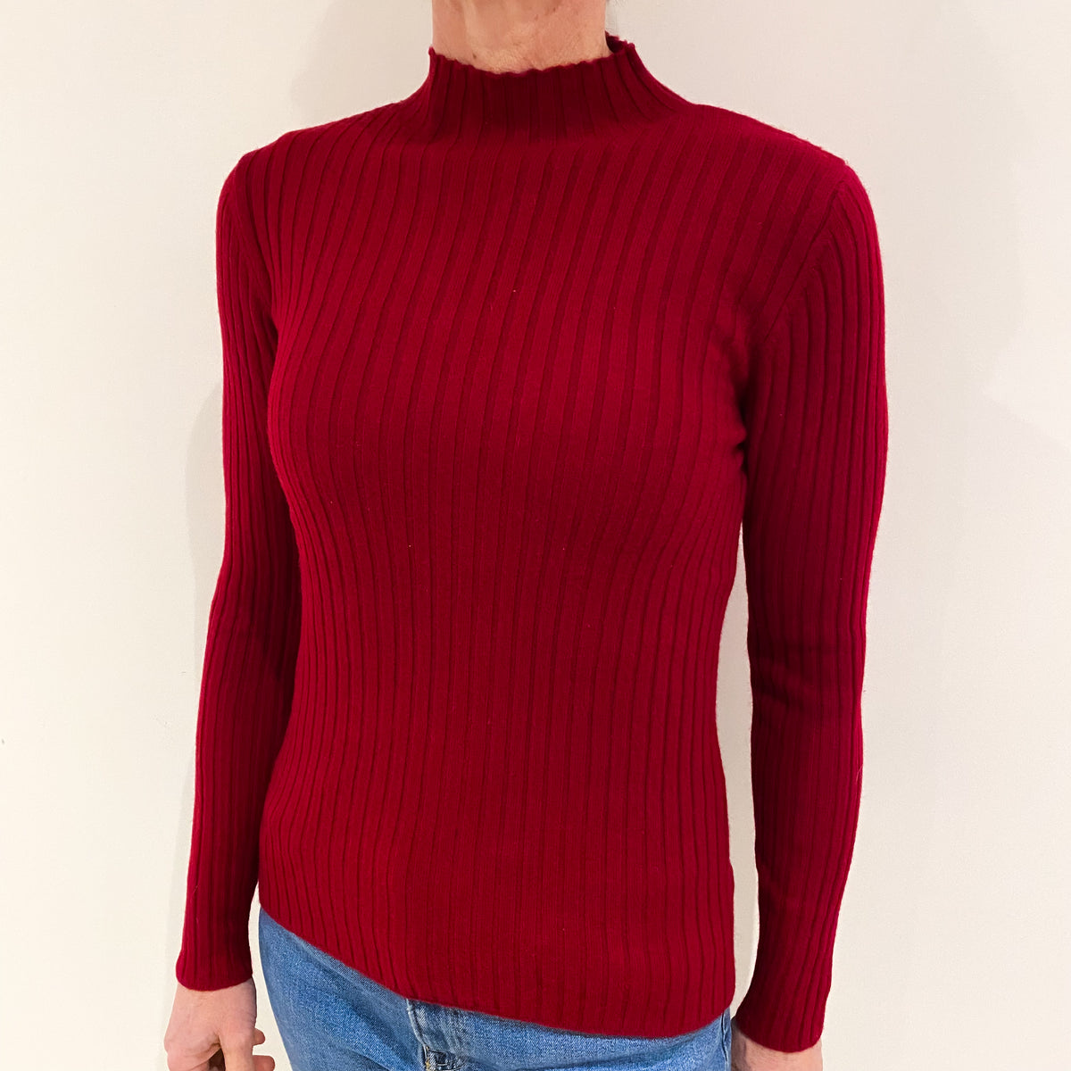 Crimson Red Skinny Rib Cashmere Turtle Neck Jumper Small