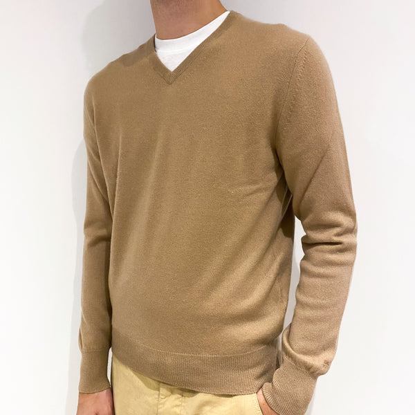 Men's Camel Brown Cashmere V-Neck Jumper Large