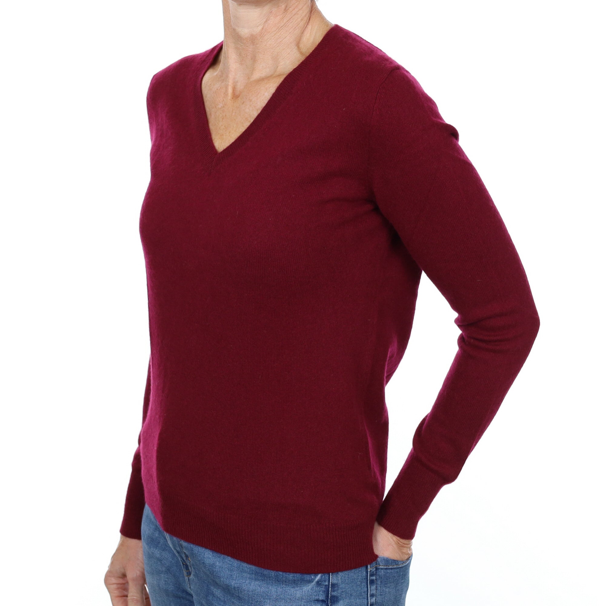 Wine Red Cashmere V Neck Jumper Small