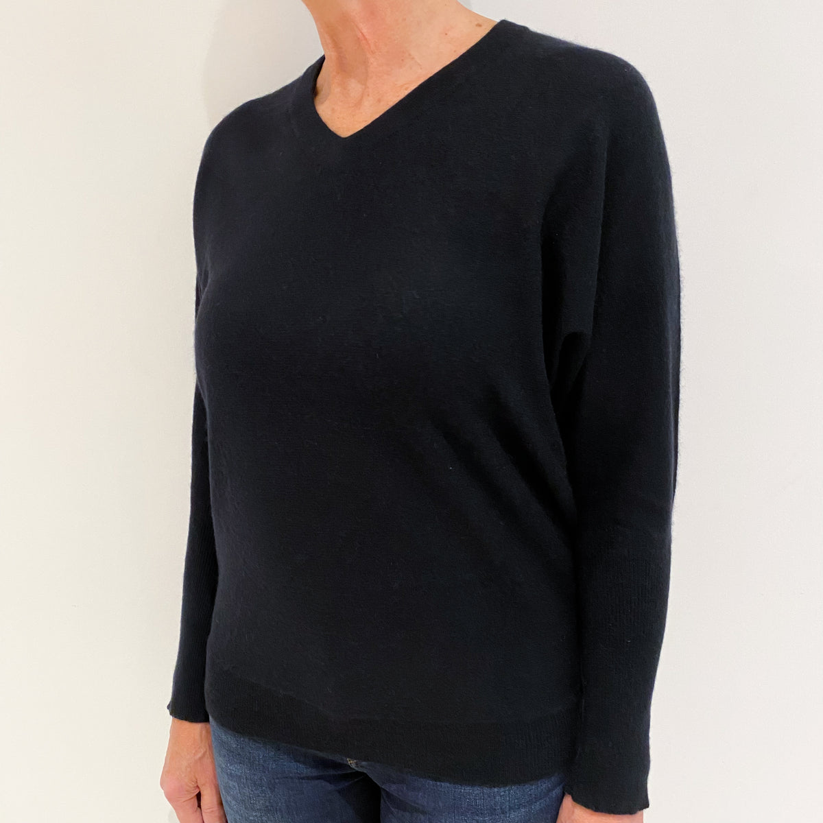 Black Batwing Cashmere V-Neck Jumper Medium